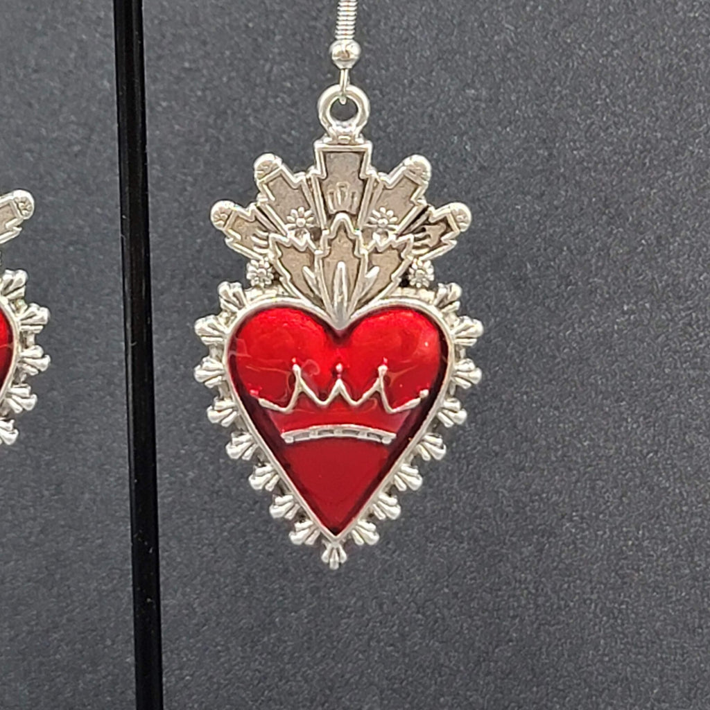 New Crown Heart Pierced Earrings Silver tone Red Goth Rock Dangle 1.75"
