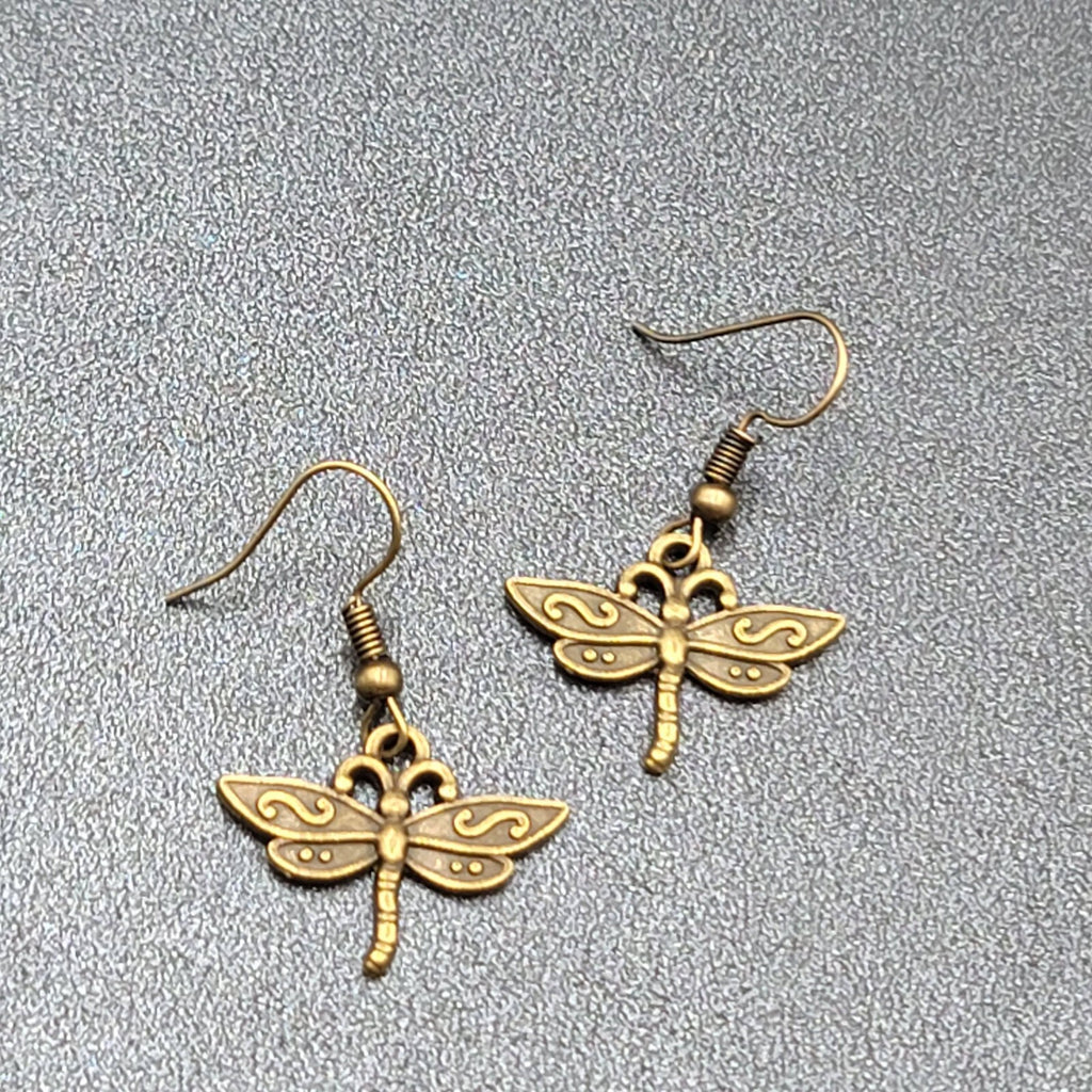 Dragonfly Pierced Earrings Dangle Bronze tone Bug Insect 5/8"