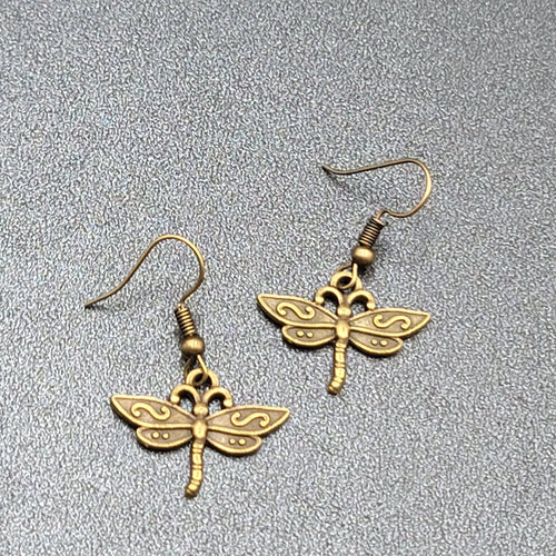 Dragonfly Pierced Earrings Dangle Bronze tone Bug Insect 5/8"