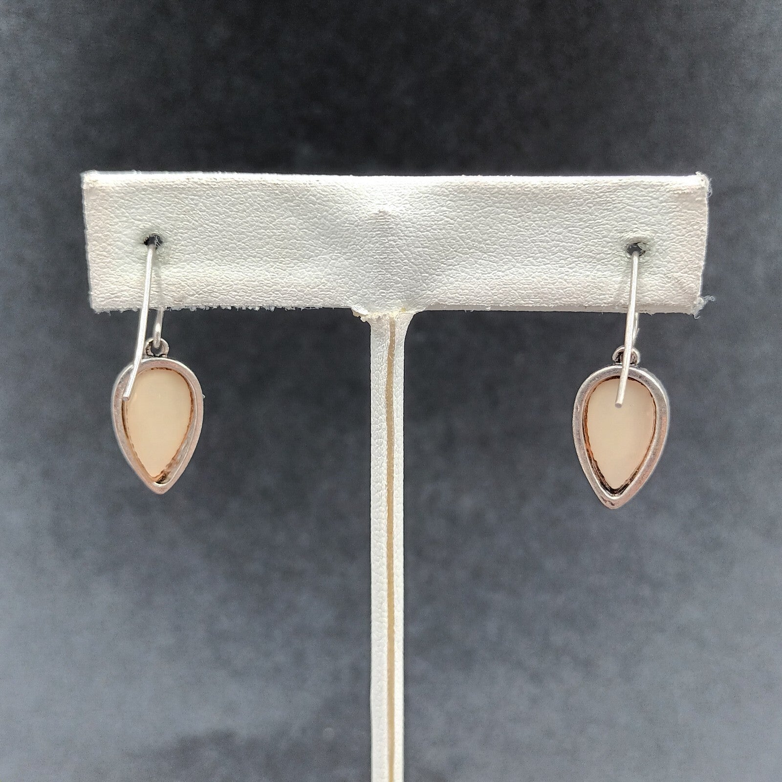 Pierced Earrings Silver tone Cream Acrylic Inverted Teardrop Dangle 3/4"