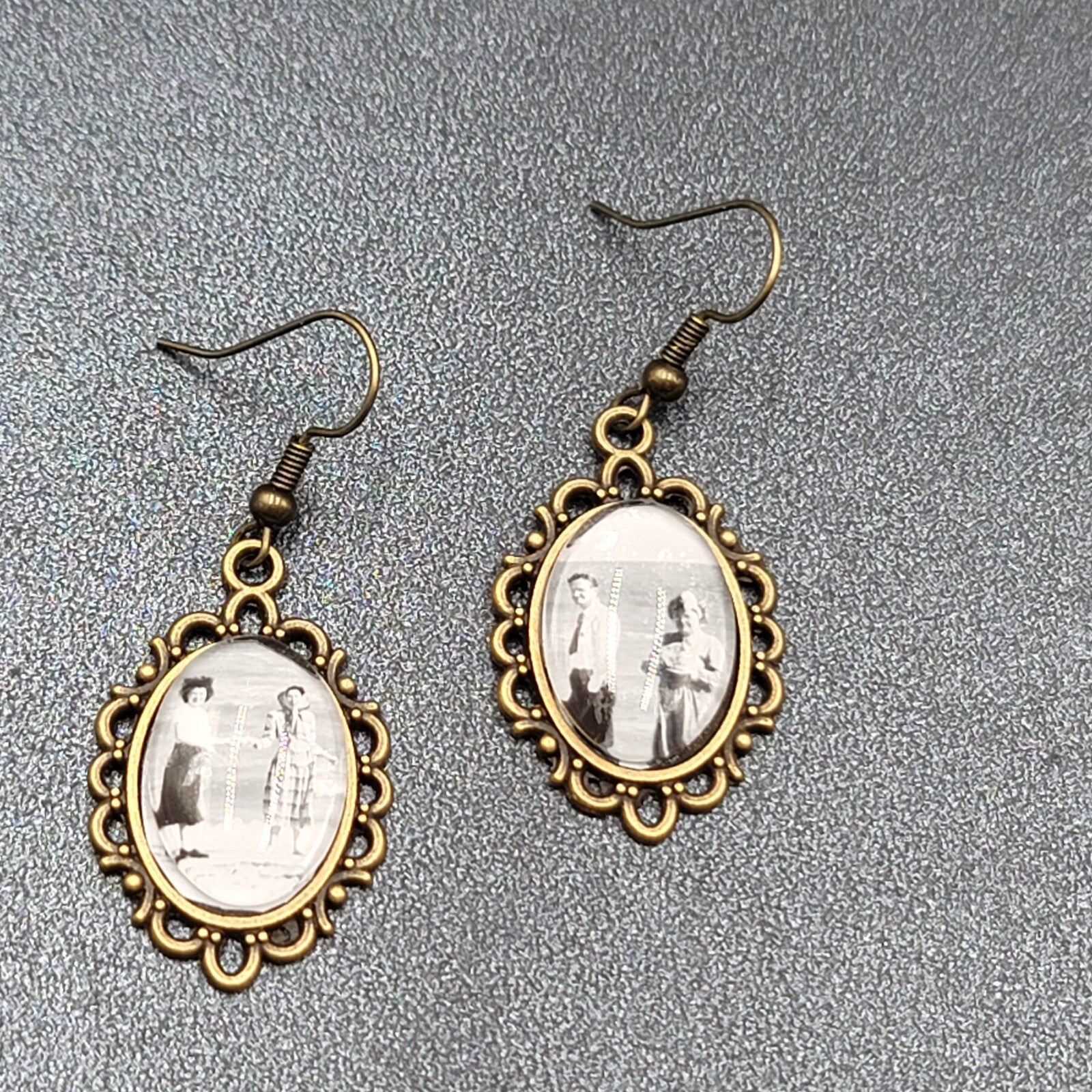 Pierced Earrings Bronze tone Real Photo Glass Cabochon Dangle 1.25"