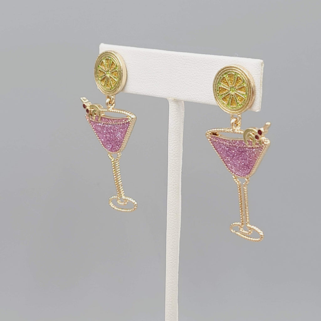 Pink Martini Cocktail Pierced Earrings Gold tone Dangle 2"