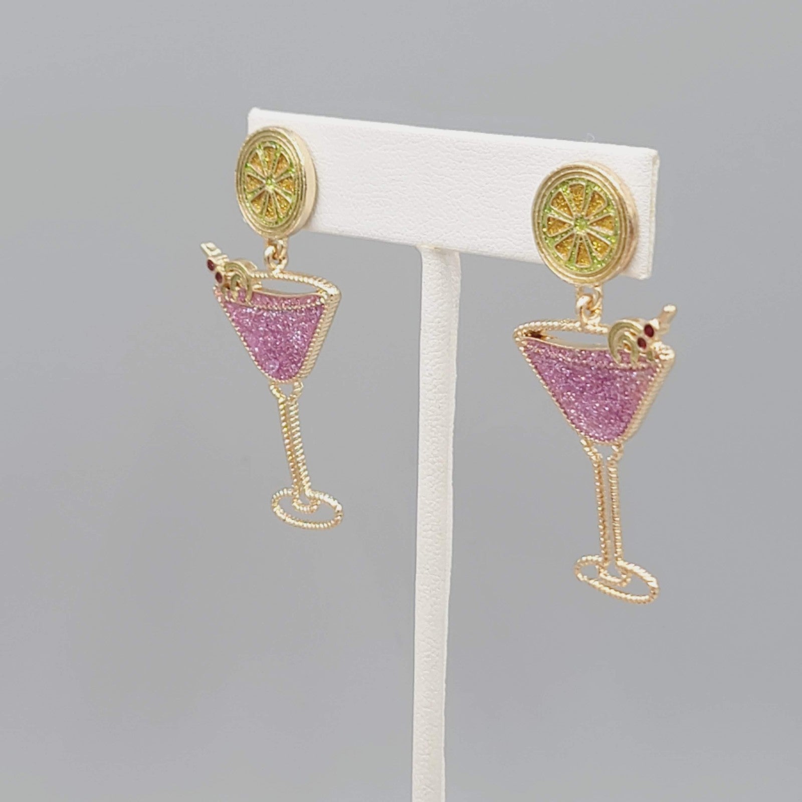 Pink Martini Cocktail Pierced Earrings Gold tone Dangle 2"