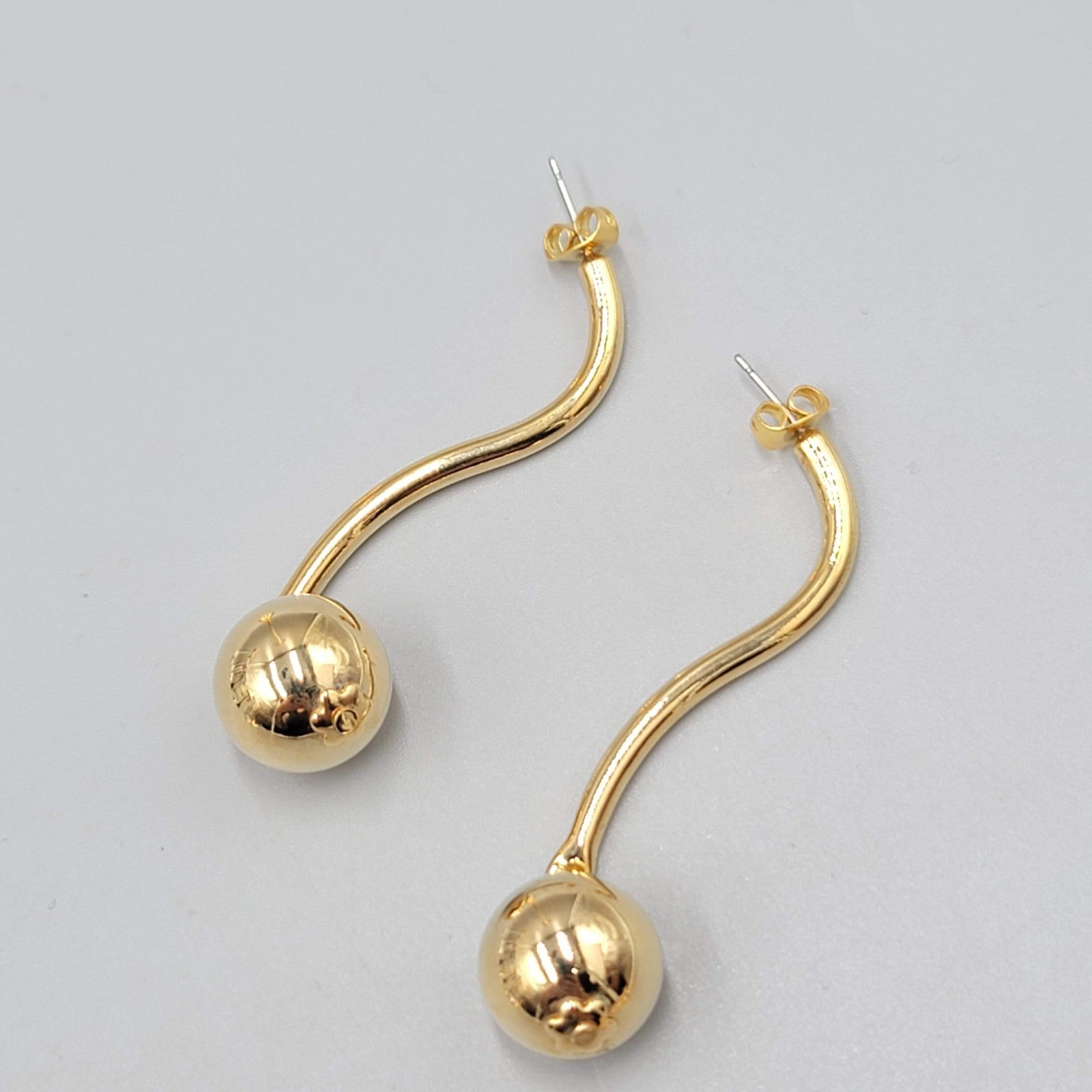 Modernist Drop Pierced Earrings Gold tone Dangle 2.5 in