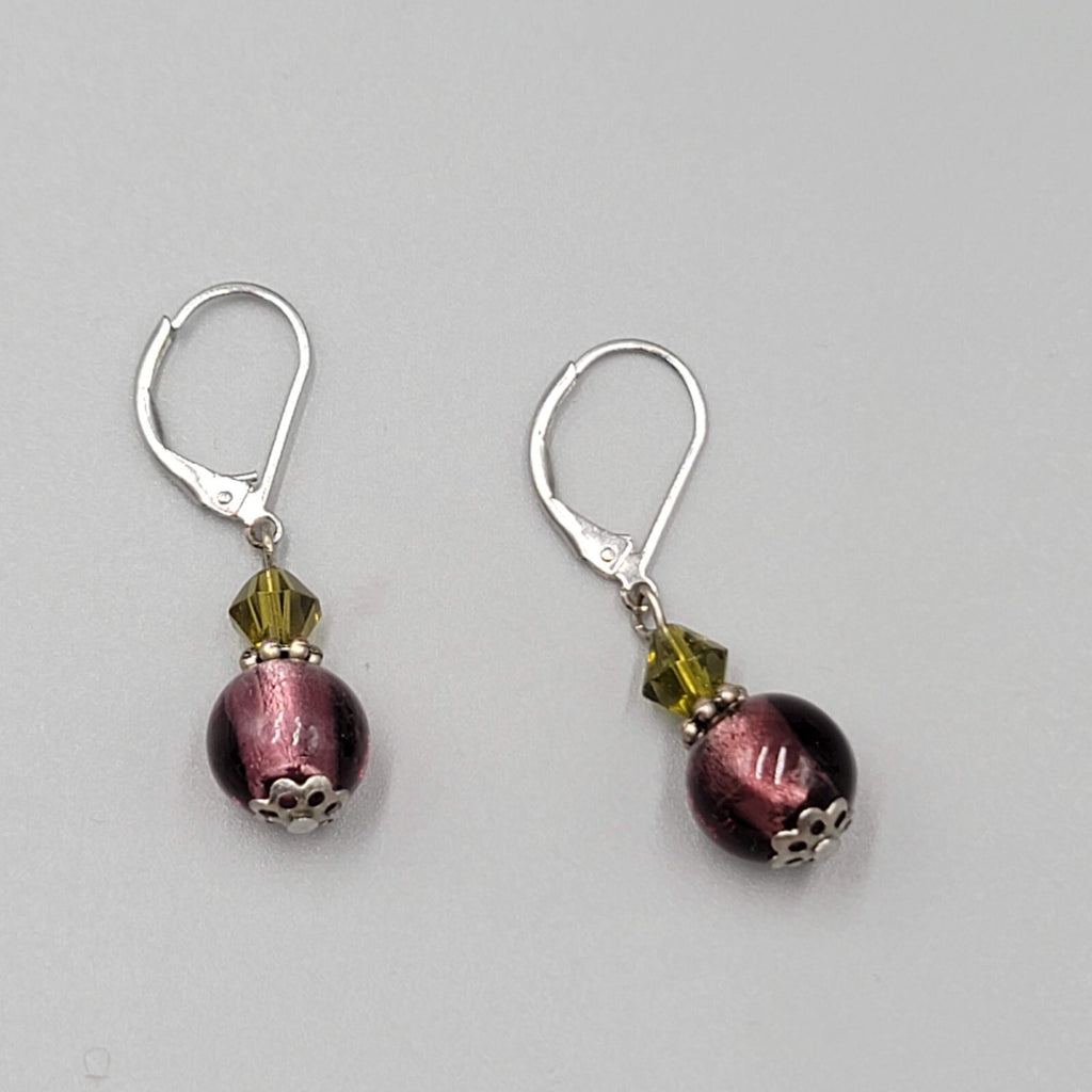 Glass Bead Pierced Earrings Purple Green Silver tone Dangle Leverback 7/8"