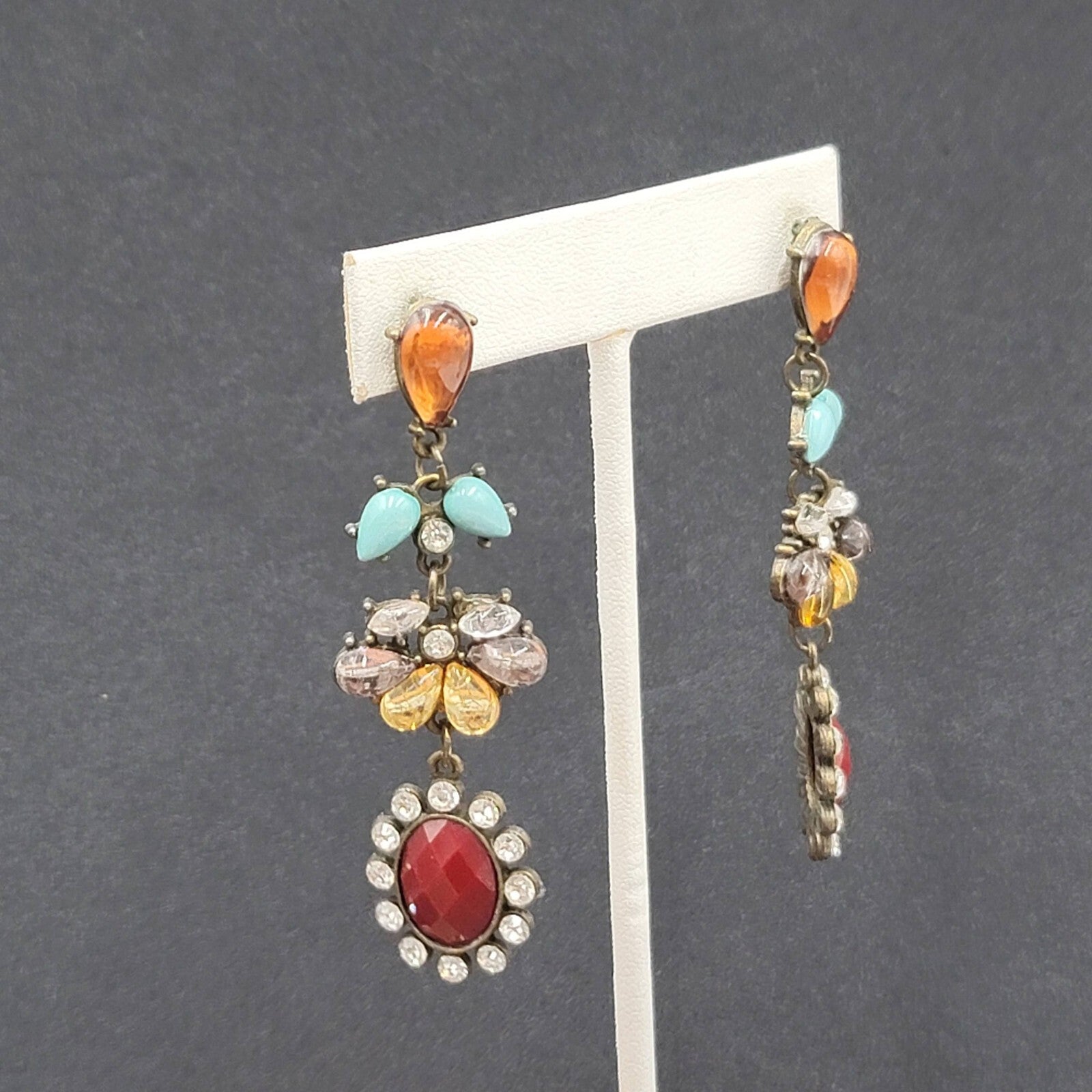 Pierced Earrings Bronze tone Multi Color Accents Rhinestone 2.75"