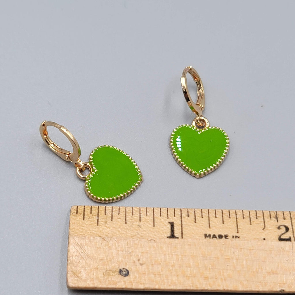Green Enamel Heart Pierced Earrings Gold tone Huggie Hoops Dangle 5/8"