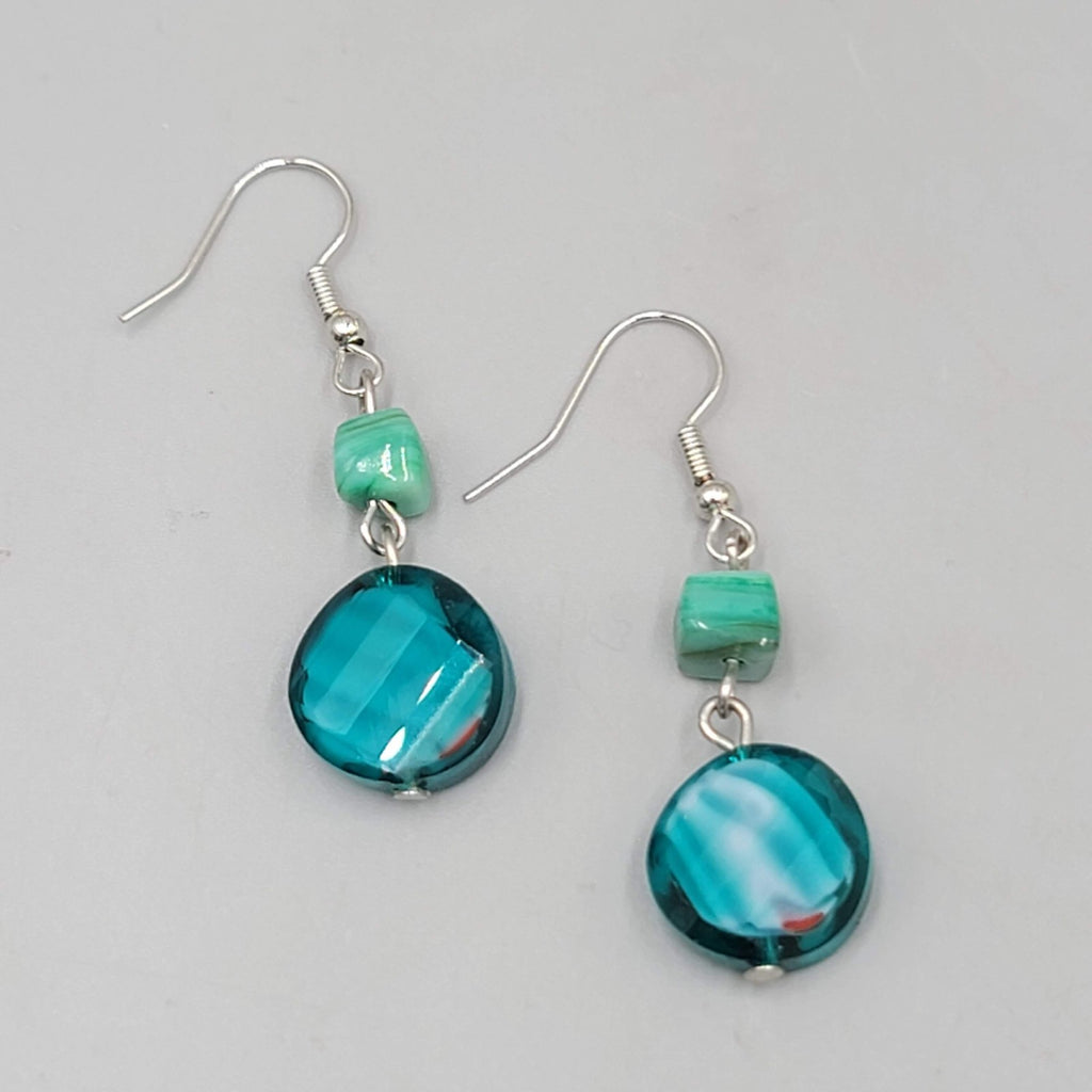 Blue and Green Art Glass Beads Pierced Earrings Silver tone Dangle 1.25 in