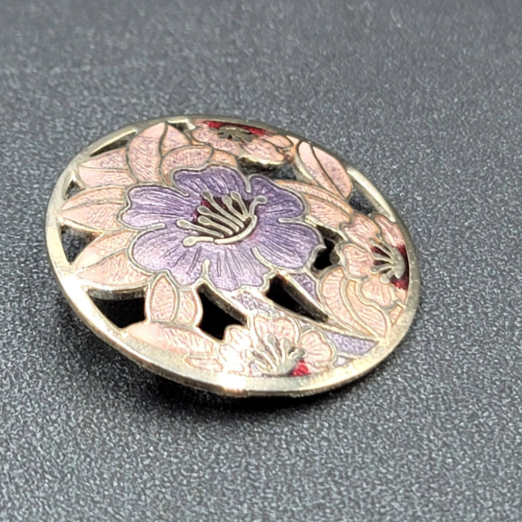 Vintage Cloisonne Brooch Silver tone Round Enamel Iris Flower 1.25"