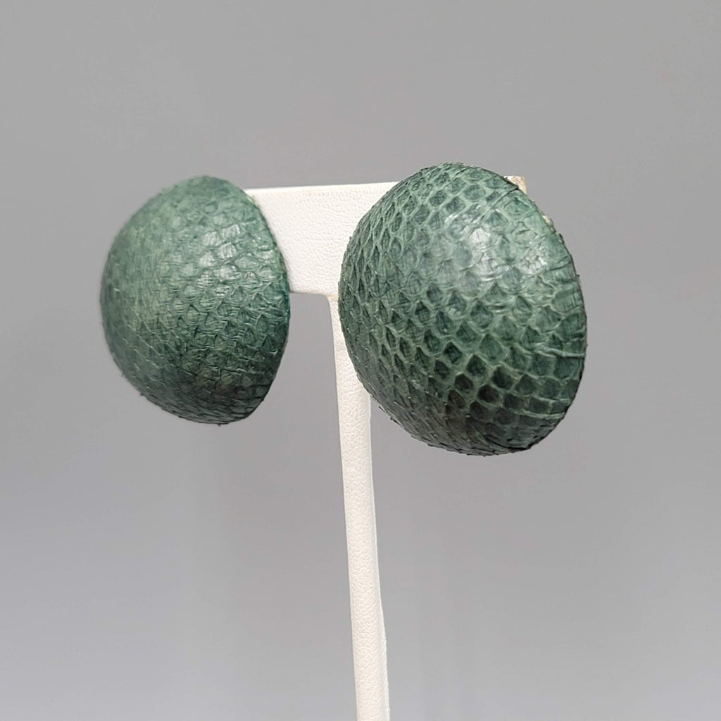 Vintage Green Faux Snake Skin Pierced Earrings Large Dome Statement 1.25 in
