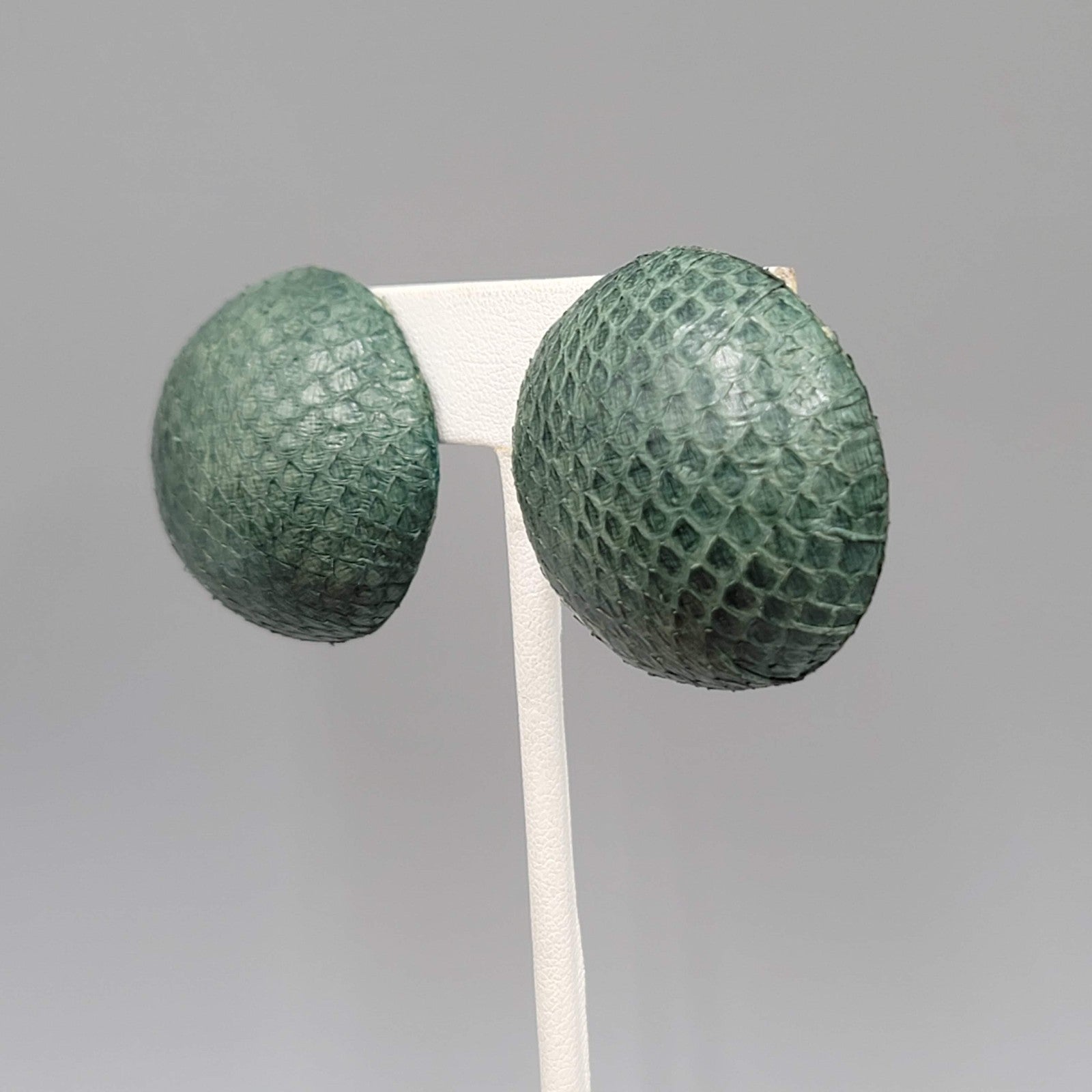 Vintage Green Faux Snake Skin Pierced Earrings Large Dome Statement 1.25 in