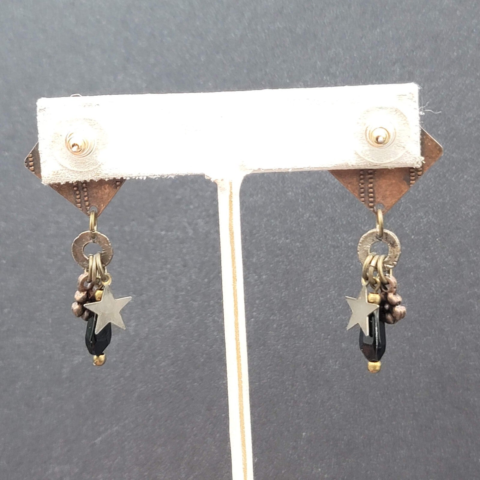 Pierced Earrings Copper and Silver tone Star Black Beads Layered Dangle 2"
