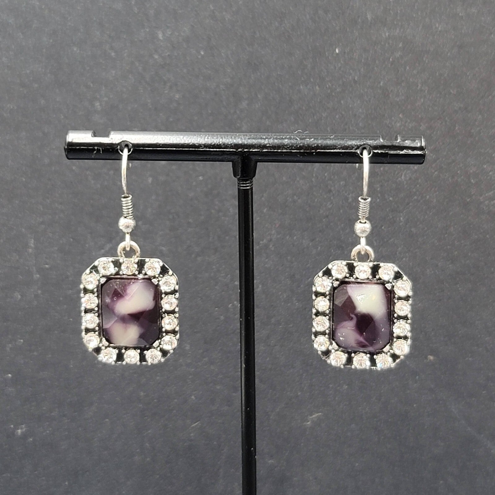 Pierced Earrings Silver tone Rhinestone Gray Faceted Dangle 3/4"
