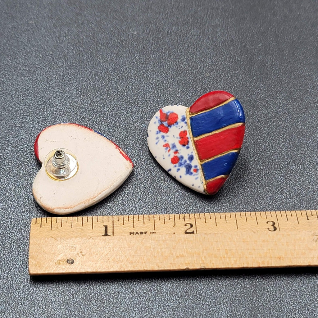 Vtg Heart Pierced Earrings Ceramic Hand Painted Patriotic Red White Blue 1.25"