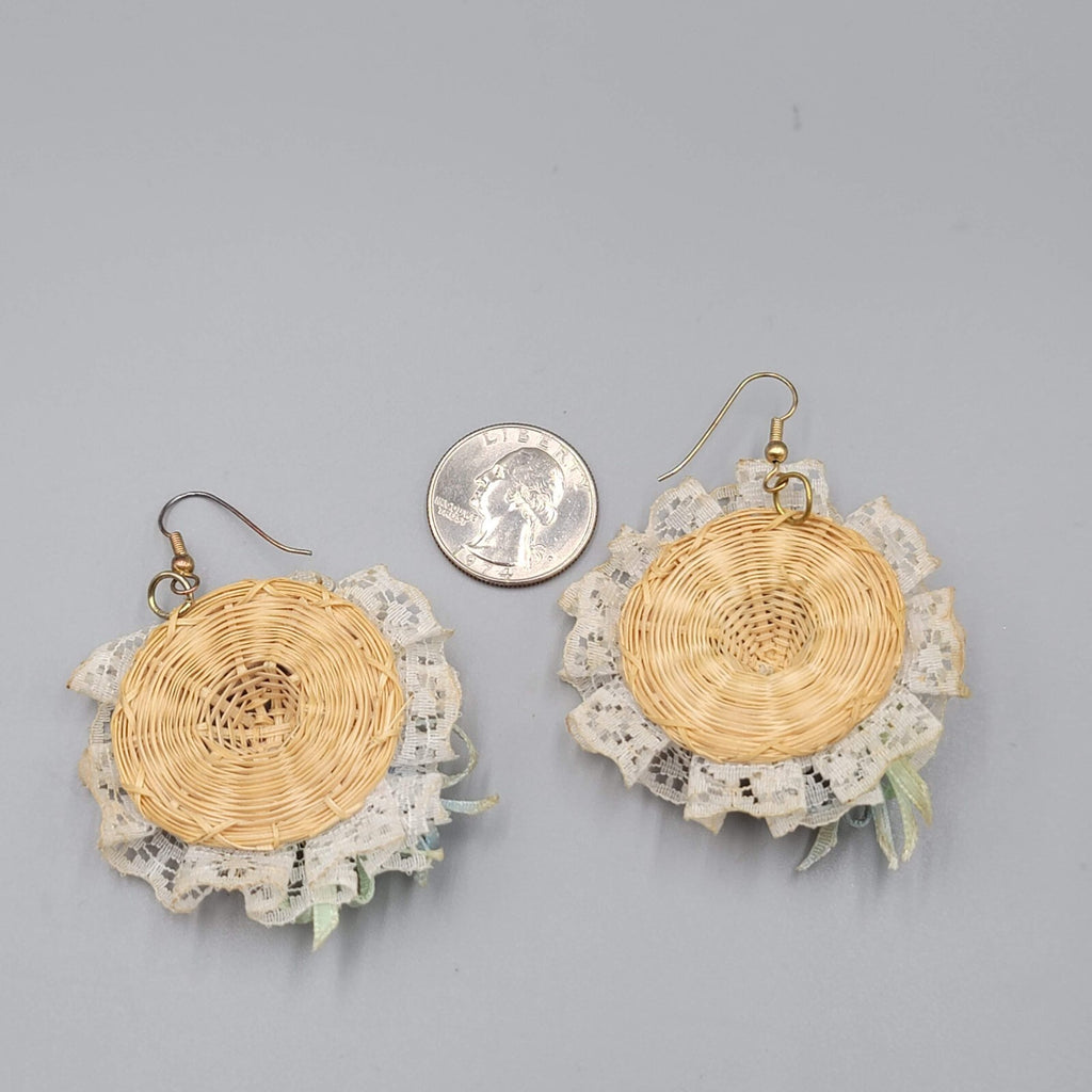 Vintage Wicker Bonnet Pierced Earrings Dangle 1980s 2"