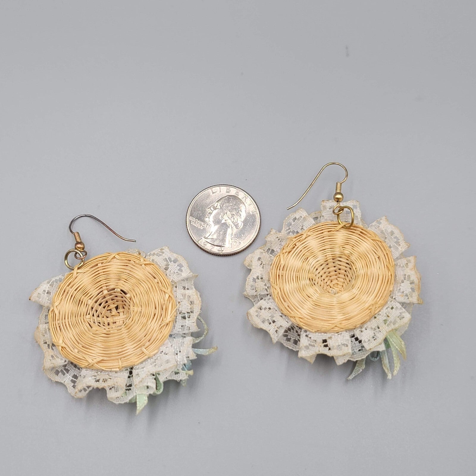 Vintage Wicker Bonnet Pierced Earrings Dangle 1980s 2"