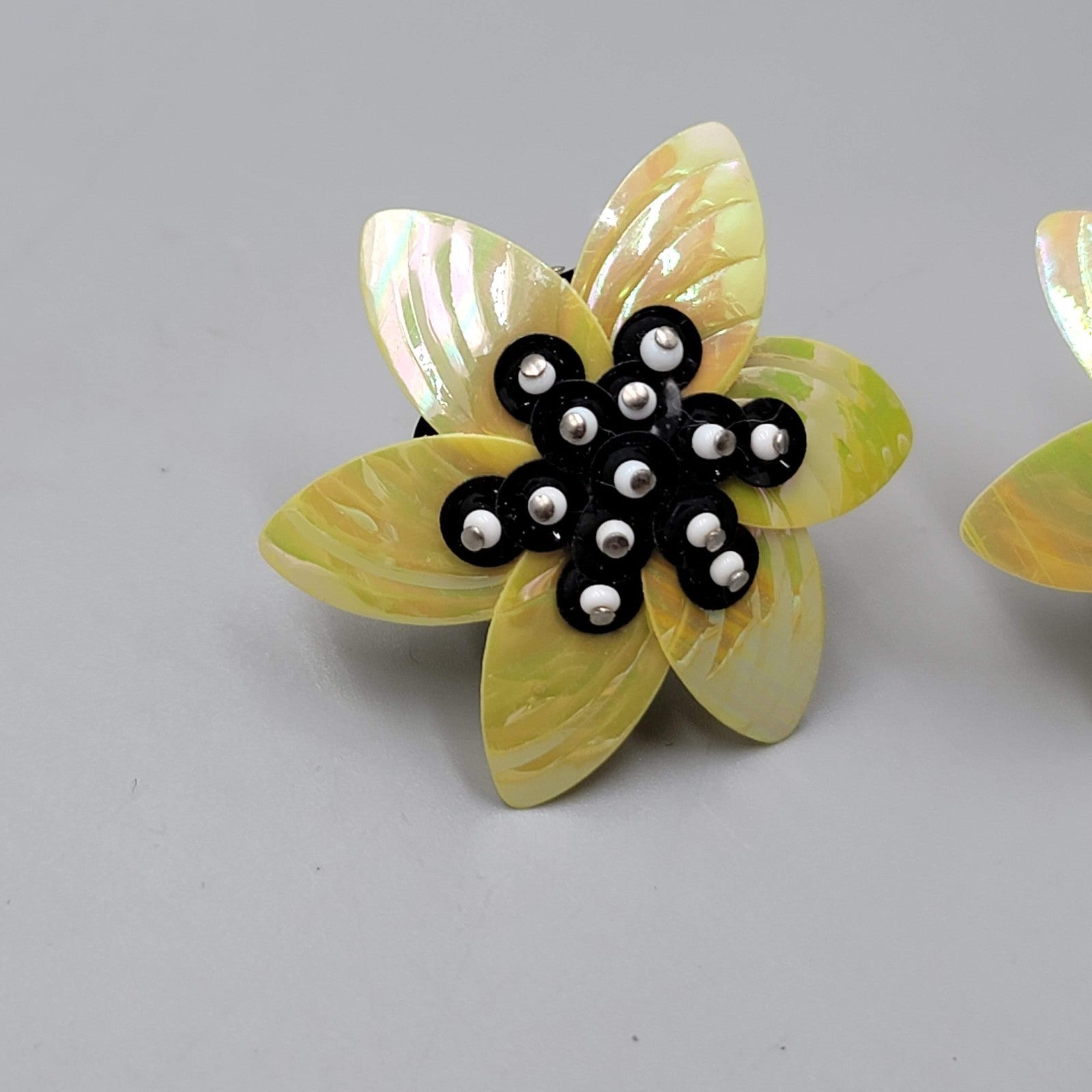 Vintage Yellow Black Flower Clip on Earrings Large Statement Drop 1.75"