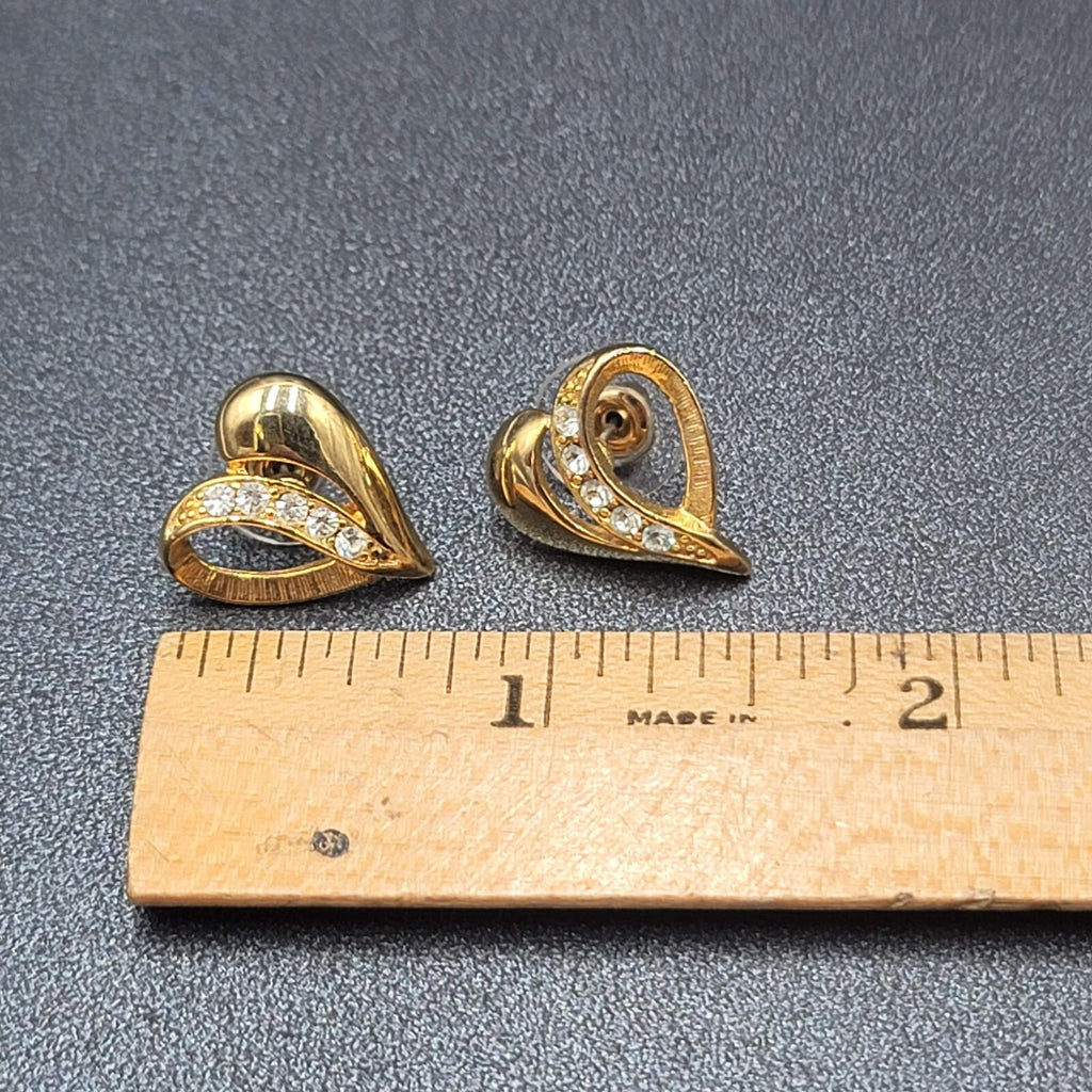 Vintage Pierced Earrings Gold Plated Crystal Heart Studs 3/4"