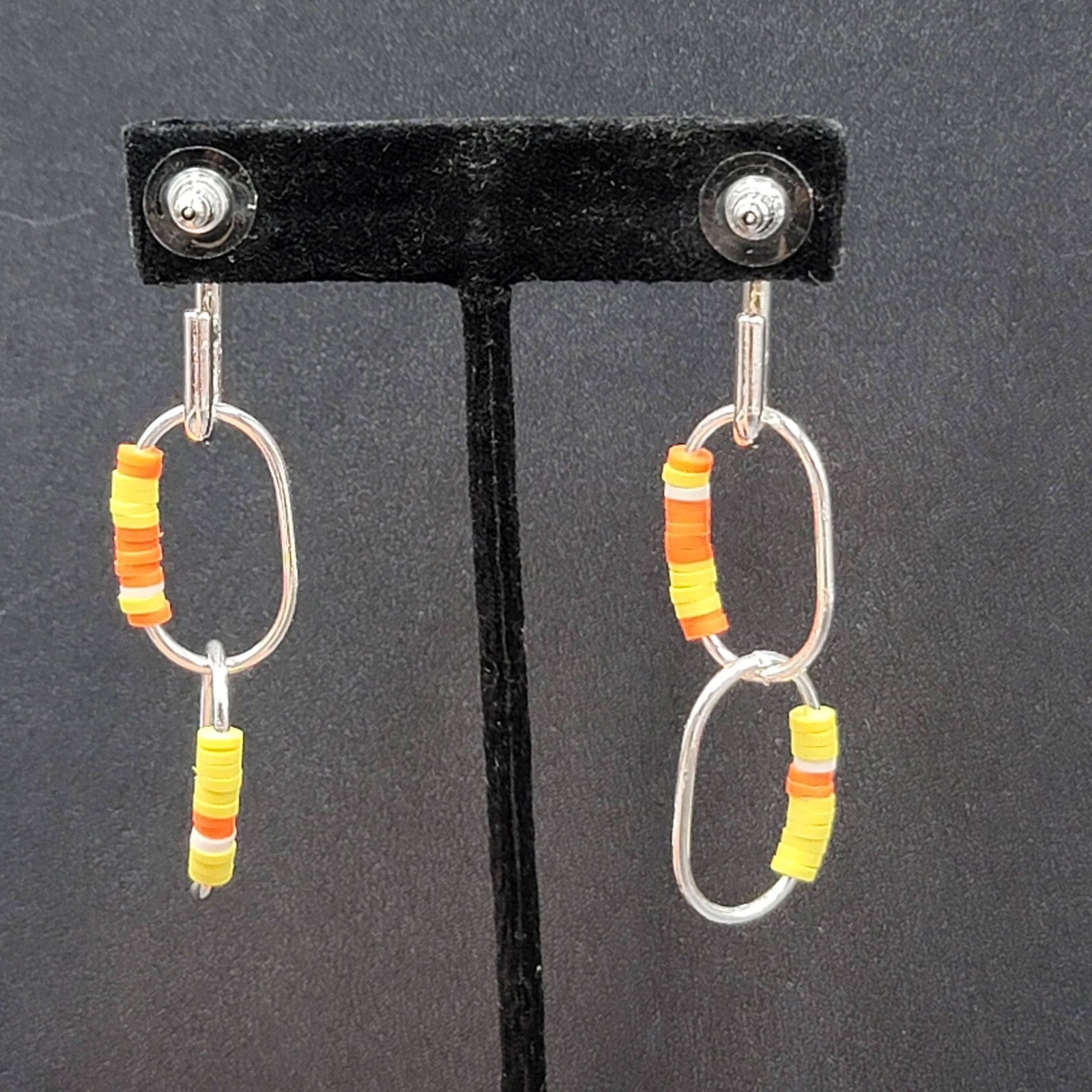 Pierced Earrings Silver tone Dangle Rings Yellow Orange Beads 2.75"