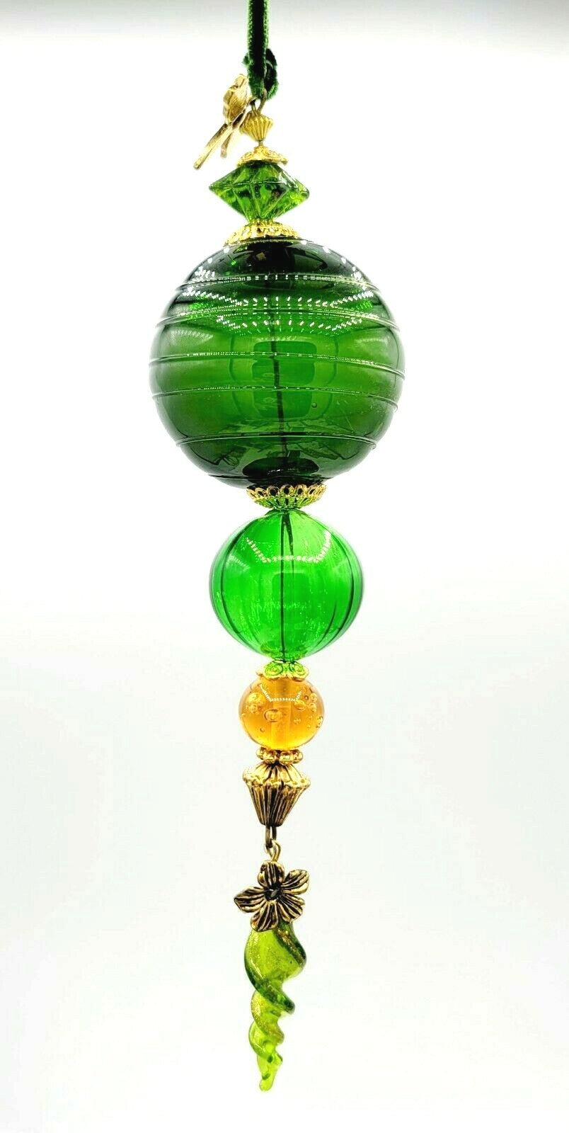 HAND BLOWN GLASS GREEN ORNAMENT 8" Gold Bead Accents Dragonfly