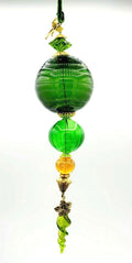 HAND BLOWN GLASS GREEN ORNAMENT 8" Gold Bead Accents Dragonfly