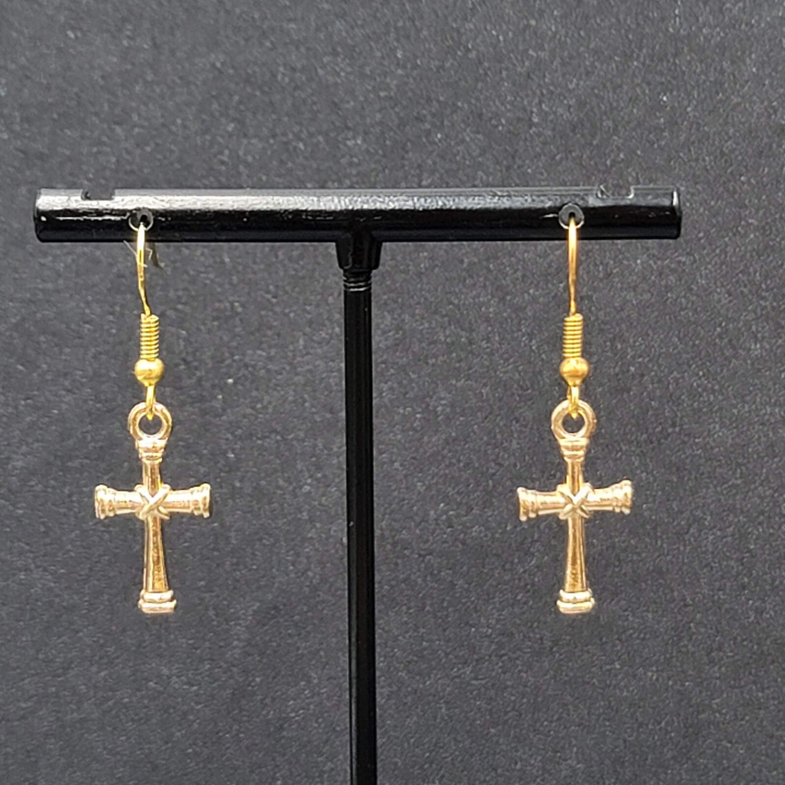 Cross Pierced Earrings Gold tone Dangle 3/4"
