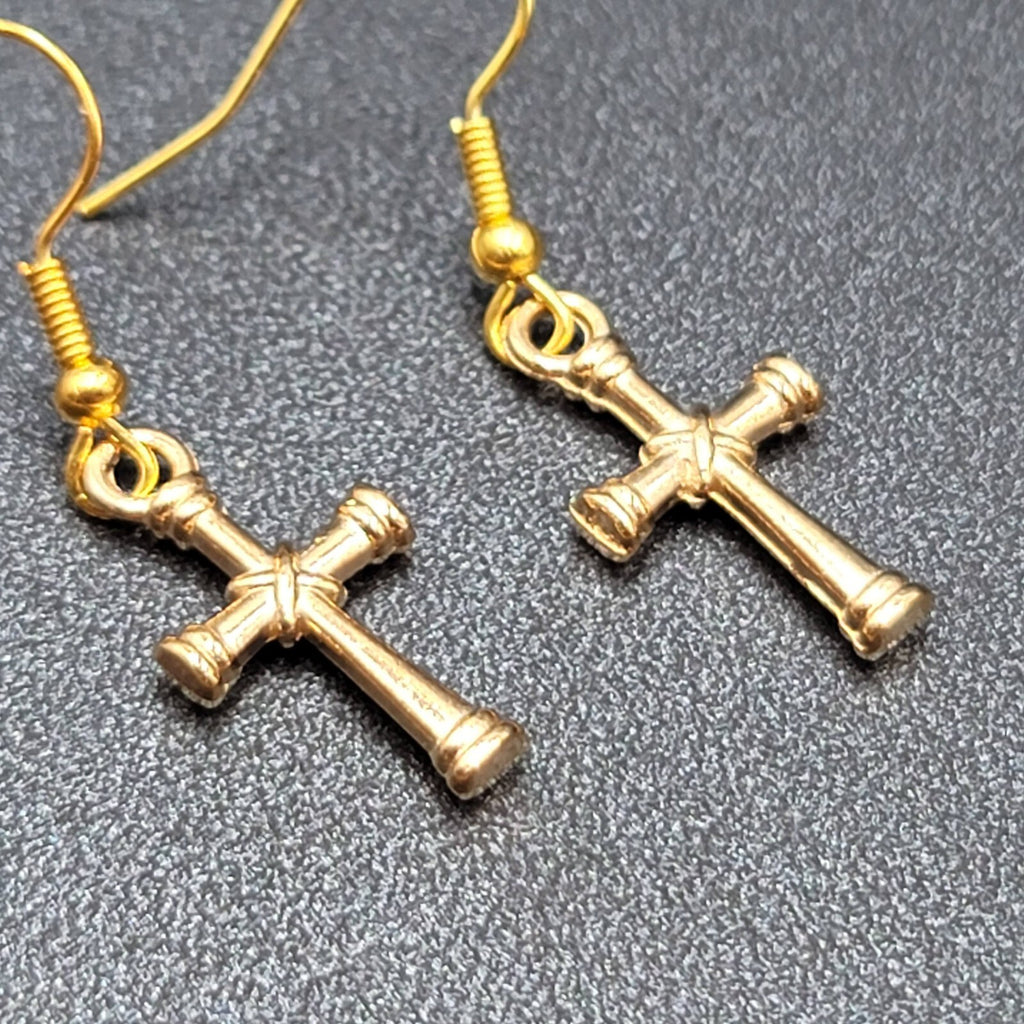 Cross Pierced Earrings Gold tone Dangle 3/4"