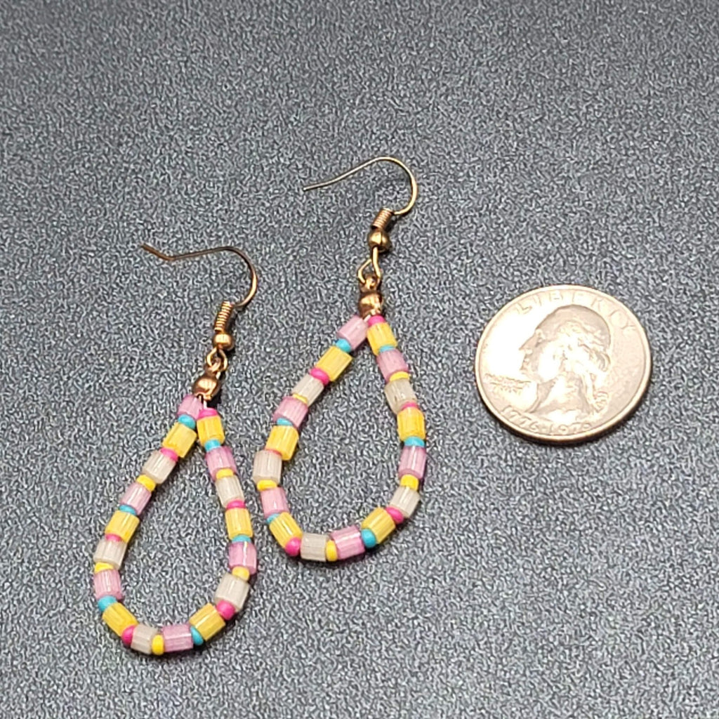 Pierced Earrings Blue Yellow Pink Beaded Teardrop Hoops 1.75"