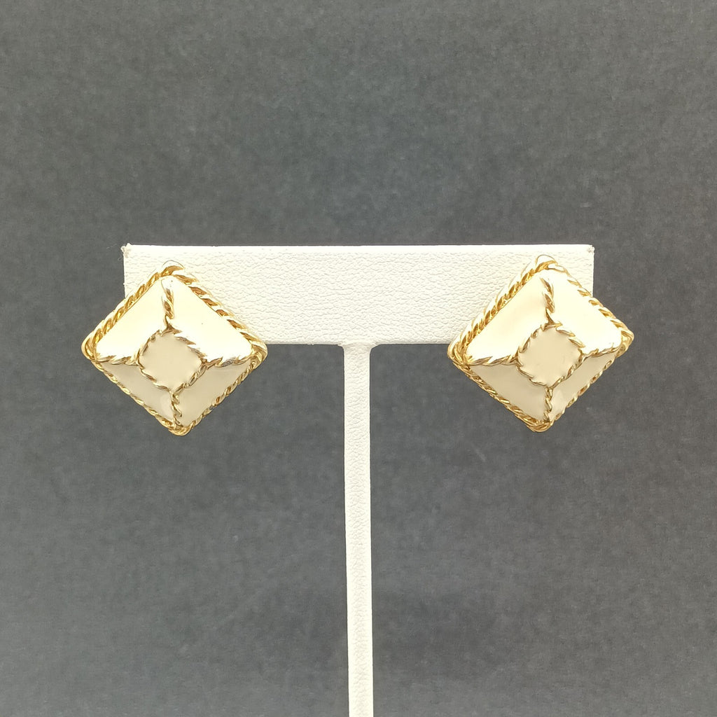 Vintage Pierced Earrings Gold Plated Cream Enamel Geometric Drop 1"