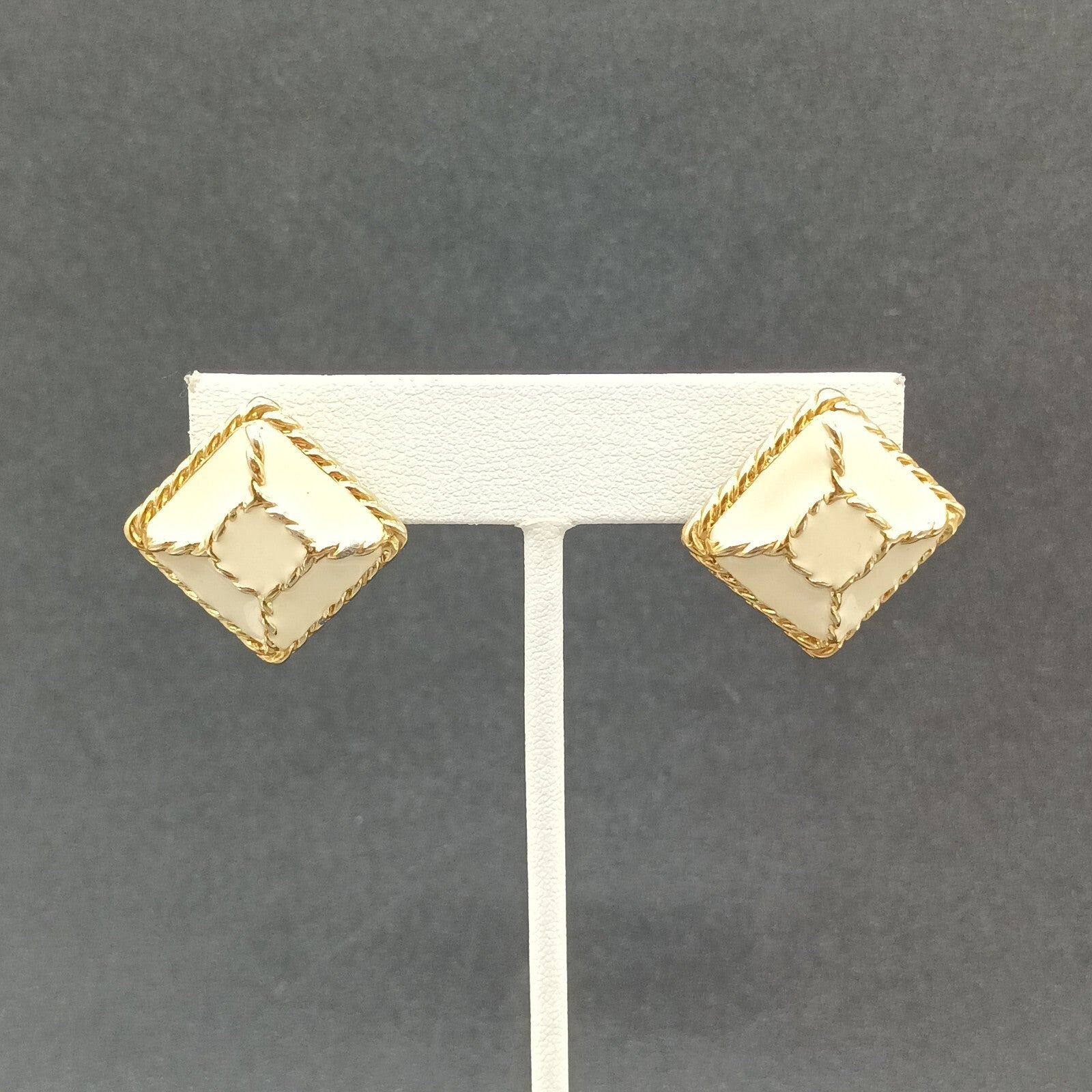 Vintage Pierced Earrings Gold Plated Cream Enamel Geometric Drop 1"