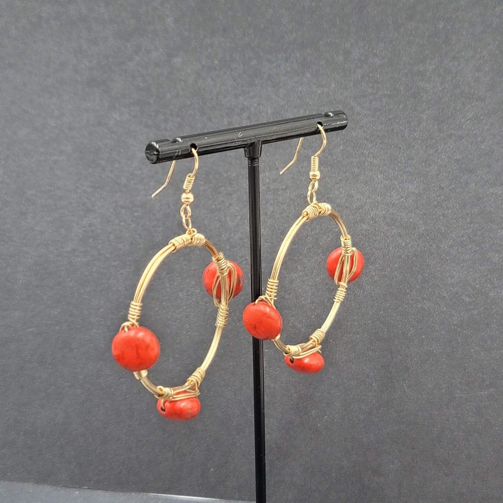 Pierced Earrings Gold tone Orange Stone Bead Dangle Hoops 1.75"