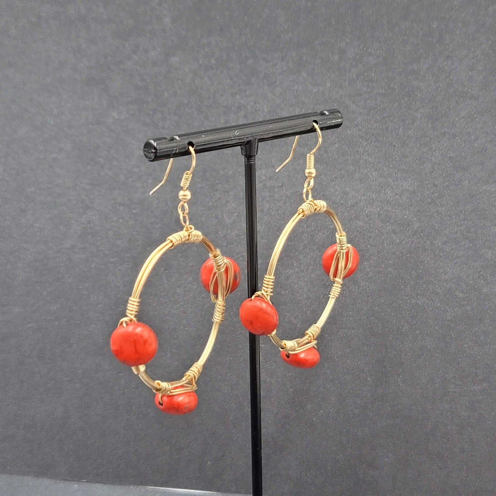 Pierced Earrings Gold tone Orange Stone Bead Dangle Hoops 1.75"