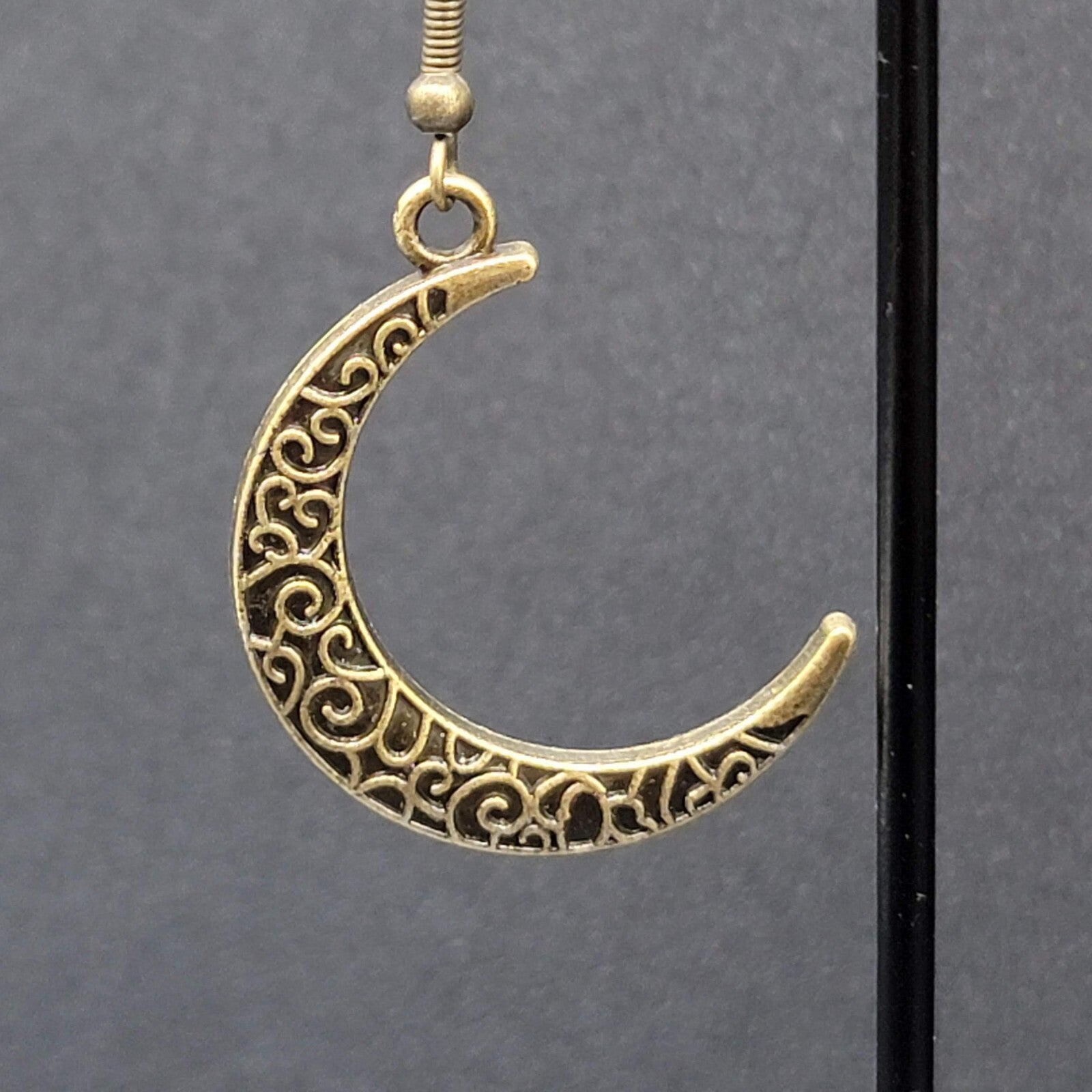 New Crescent Moon Pierced Earrings Embossed Pattern Bronze tone Dangle 1.25"