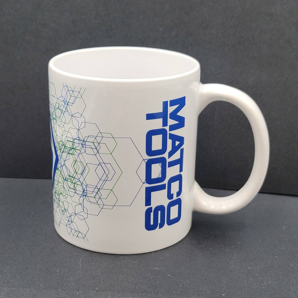 Matco Tools Vintage Ceramic Coffee Mug Cup White Blue Green Hex Design