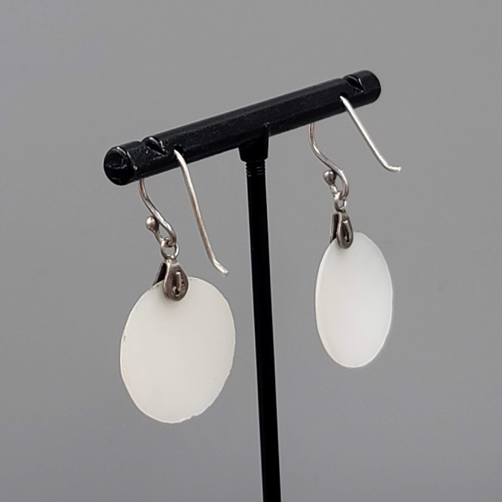 Sterling Silver Pierced Earrings Round Mother of Pearl Dangle 7/8"