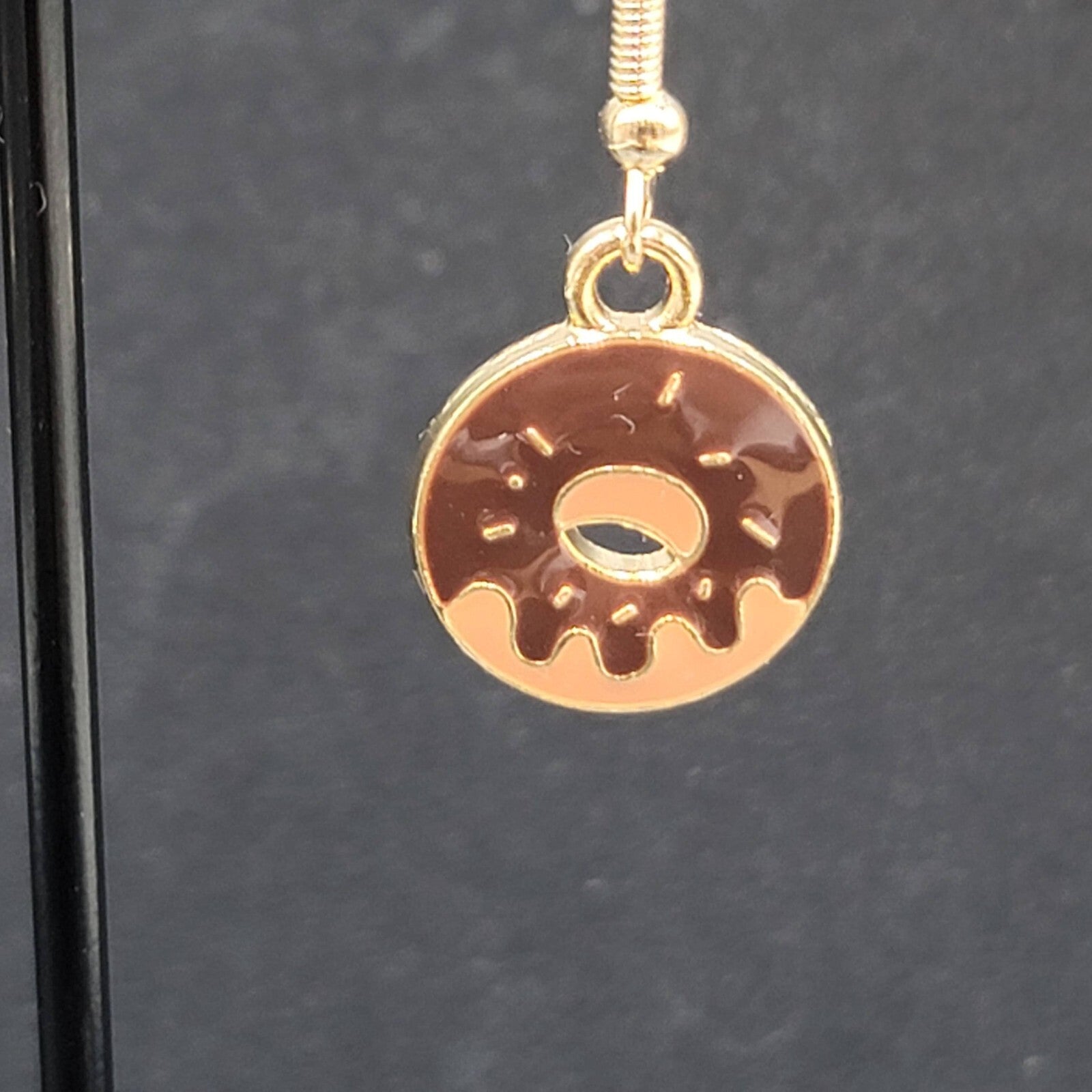 Chocolate Donut Pierced Earrings Gold tone Dangle New 3/4"