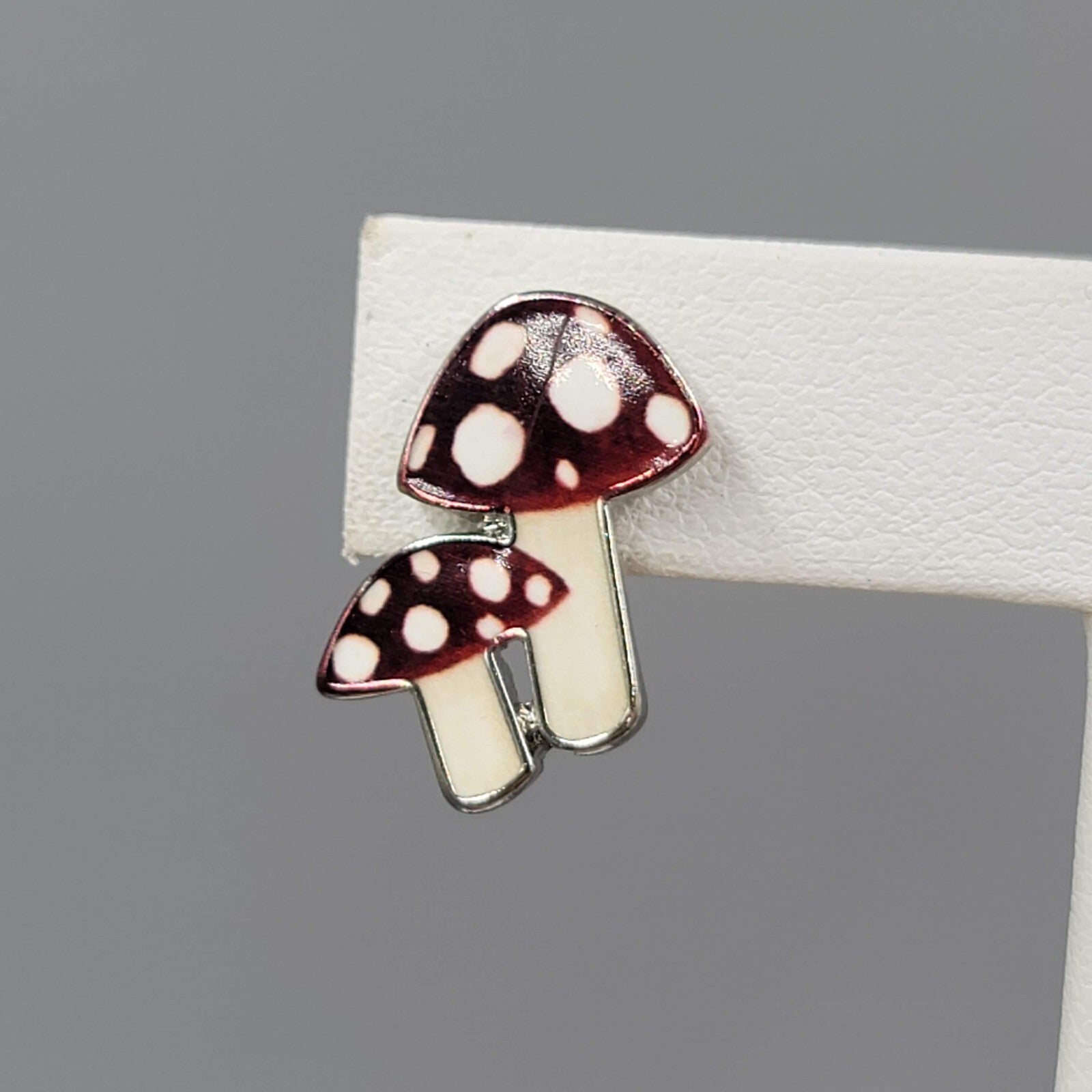 Attic Salt Pierced Earrings Polka Dot Mushroom Silver tone Drop 3/4"