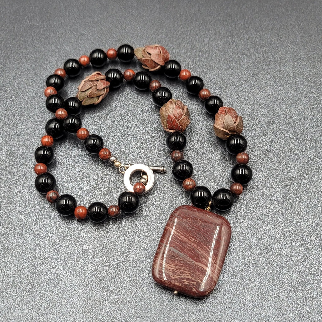 Brown Stone Pendant Necklace Black Glass Beads Toggle 18" Hand Carved Beads