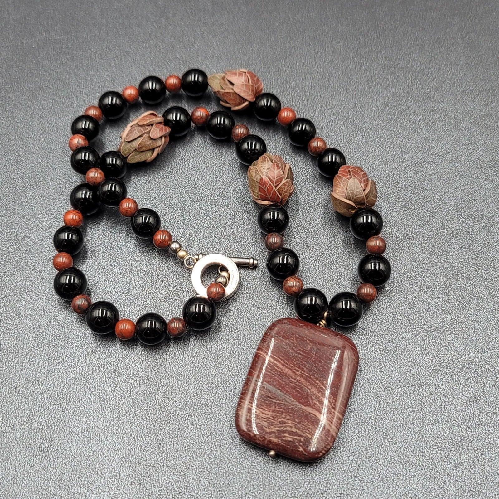 Brown Stone Pendant Necklace Black Glass Beads Toggle 18" Hand Carved Beads