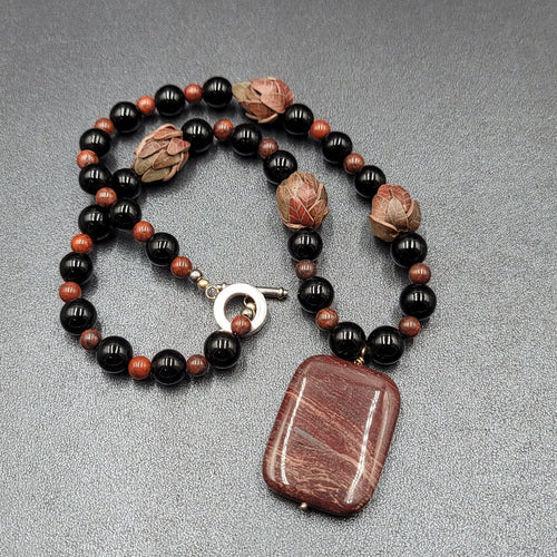 Brown Stone Pendant Necklace Black Glass Beads Toggle 18" Hand Carved Beads