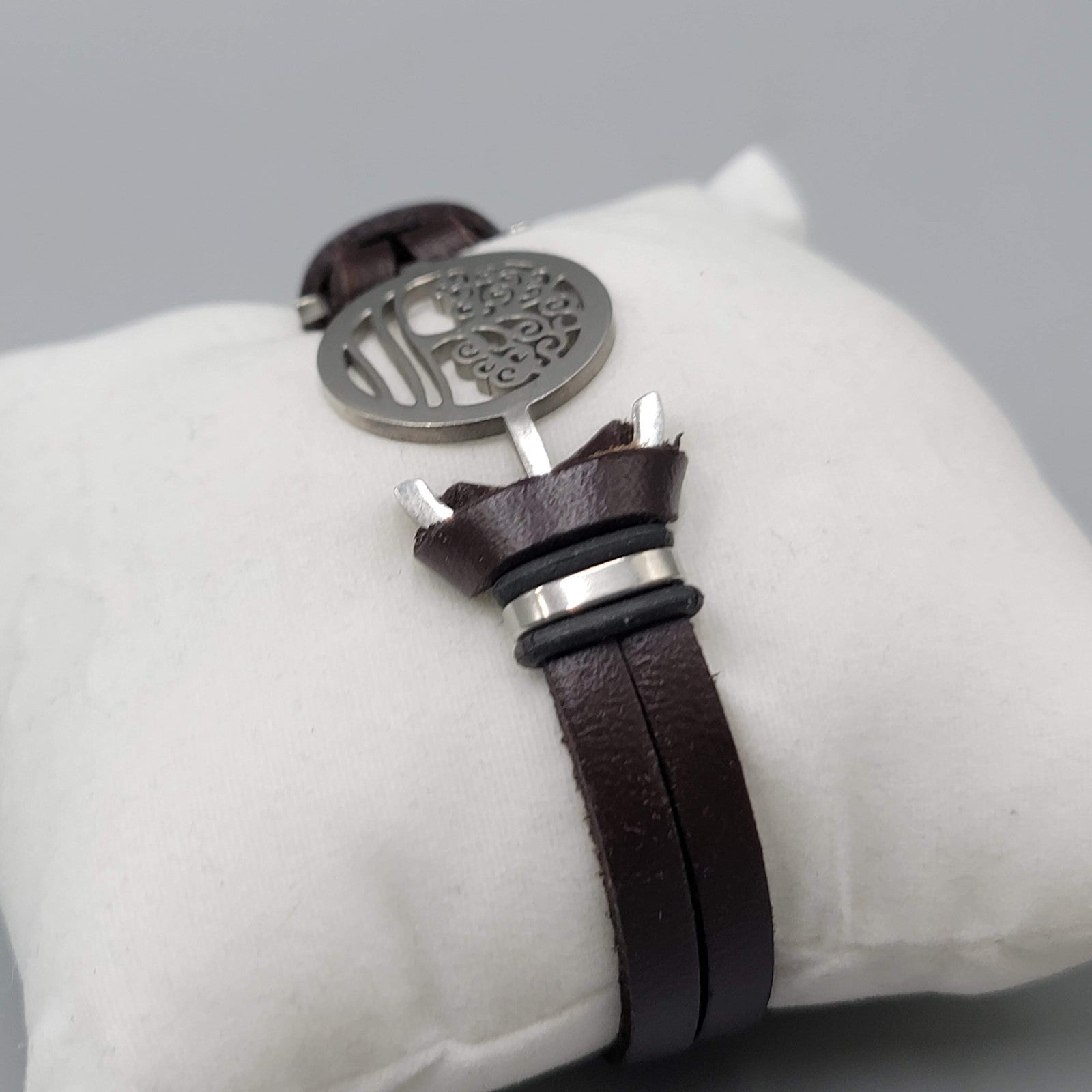 Tree Medallion Stainless Steel Bracelet Brown Leather Unisex 7"