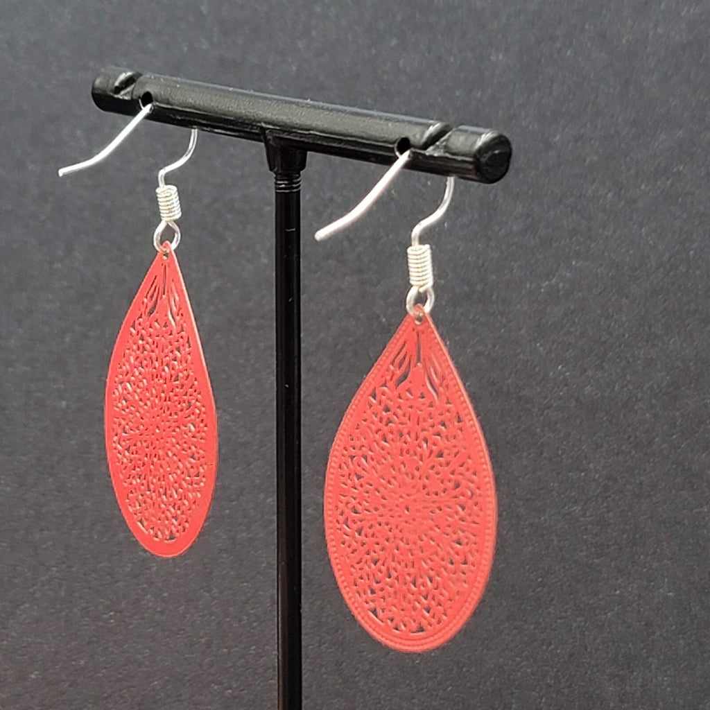 Pierced Earrings Silver tone Red Enamel Open Work Laser cut Teardrop 1 3/8"