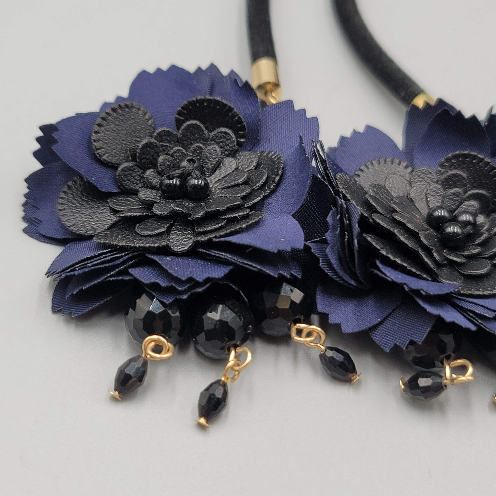 Dark Blue Fabric Flower Statement Necklace Black Cord Gold tone 18"