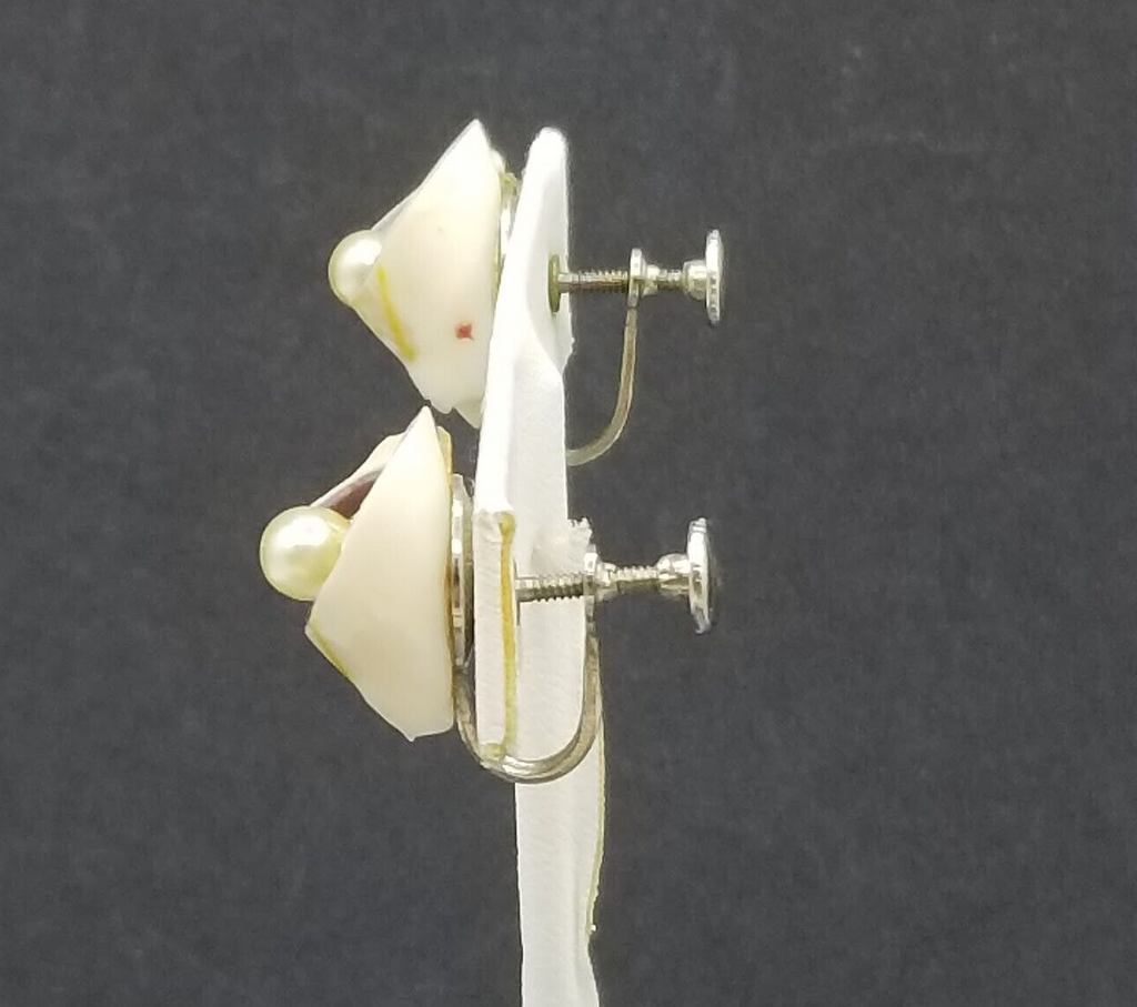 Vintage Clip On Earrings Cut Shell and Faux Pearl Screw Back Stud 3/4"