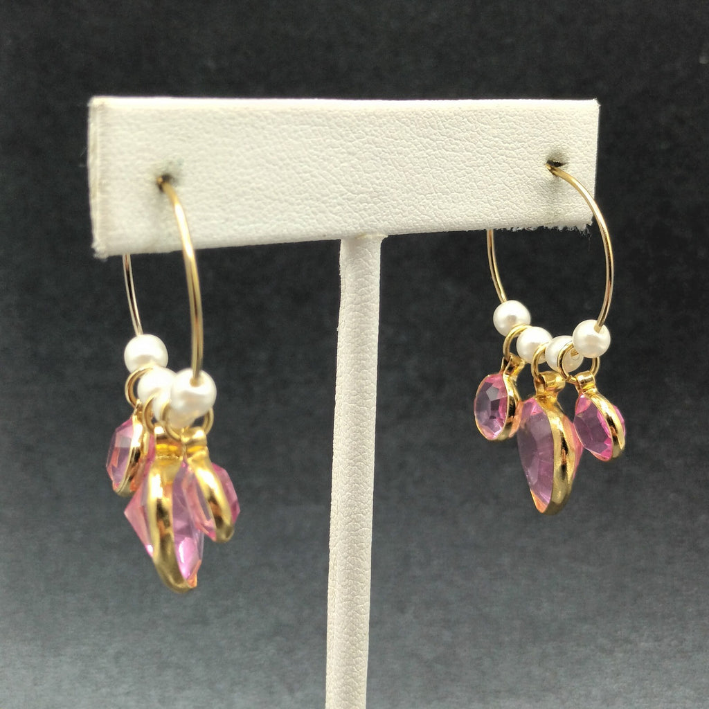 Pierced Earrings Gold tone Wire Faux Pearl Pink Faceted Acrylic Hoop 1 1/2"