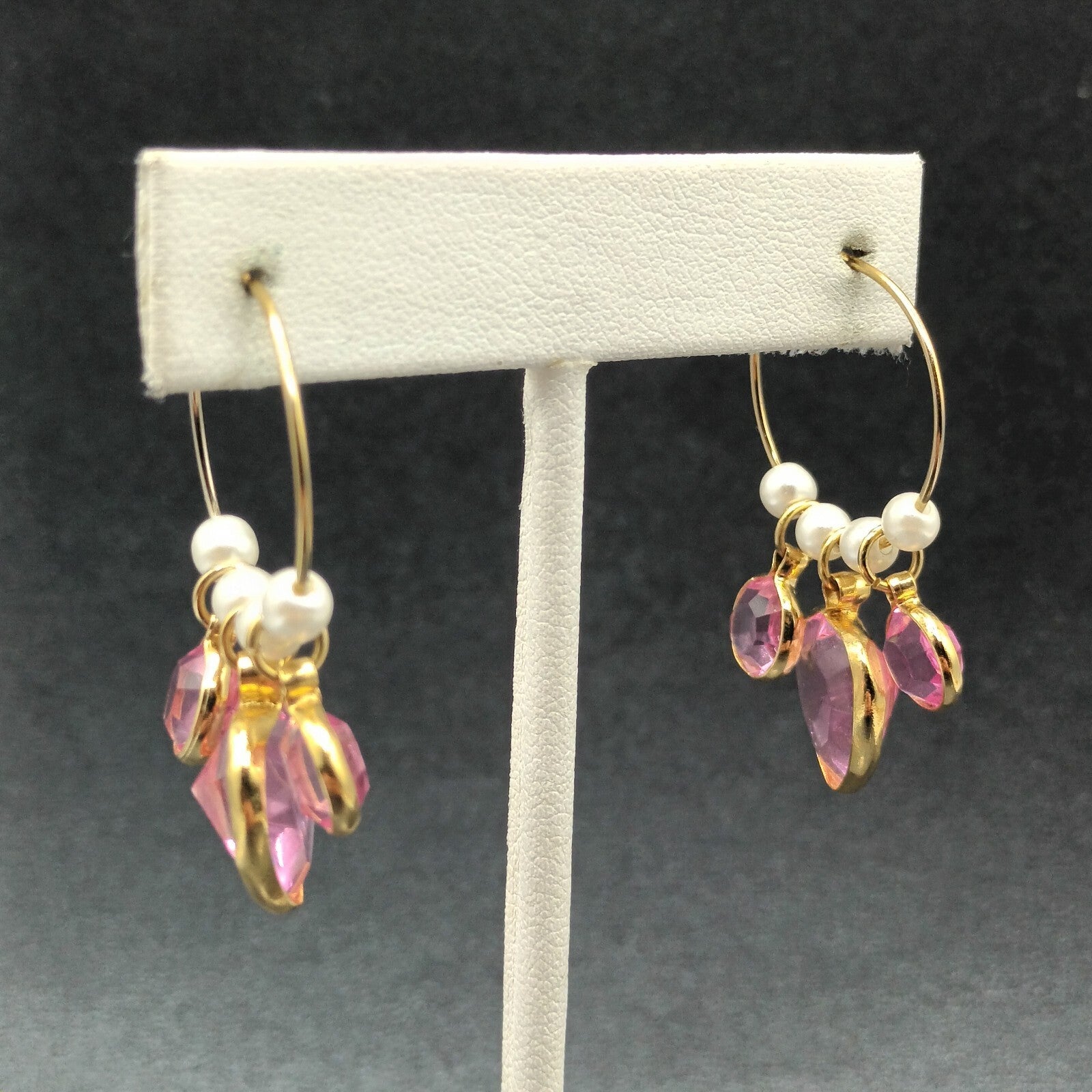 Pierced Earrings Gold tone Wire Faux Pearl Pink Faceted Acrylic Hoop 1 1/2"