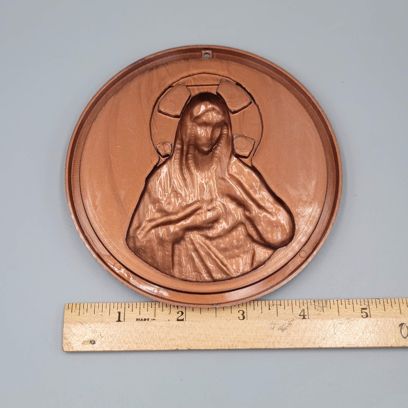 Vintage Mother Mary Plastic Round Plaque Brown 4 5/8"