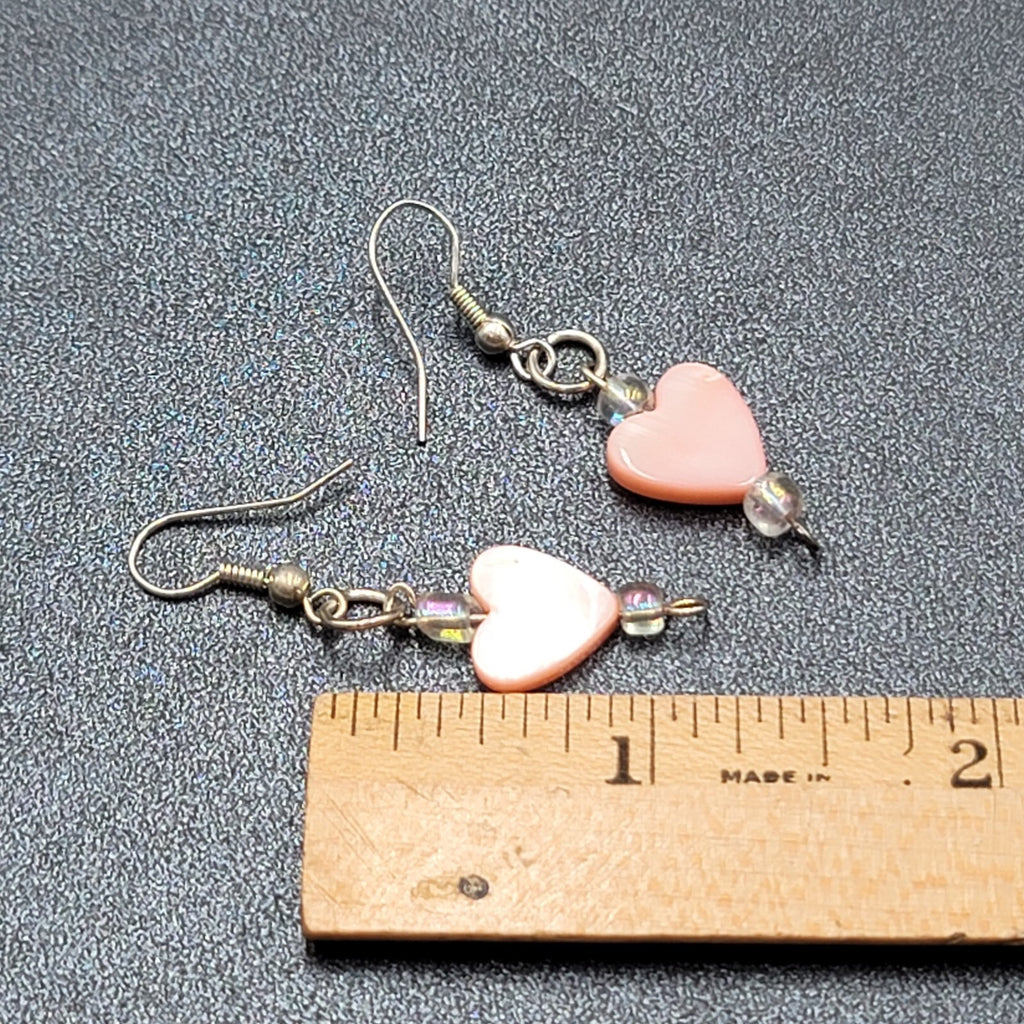 Pierced Earrings Silver tone Pink Mother of Pearl Heart 1"