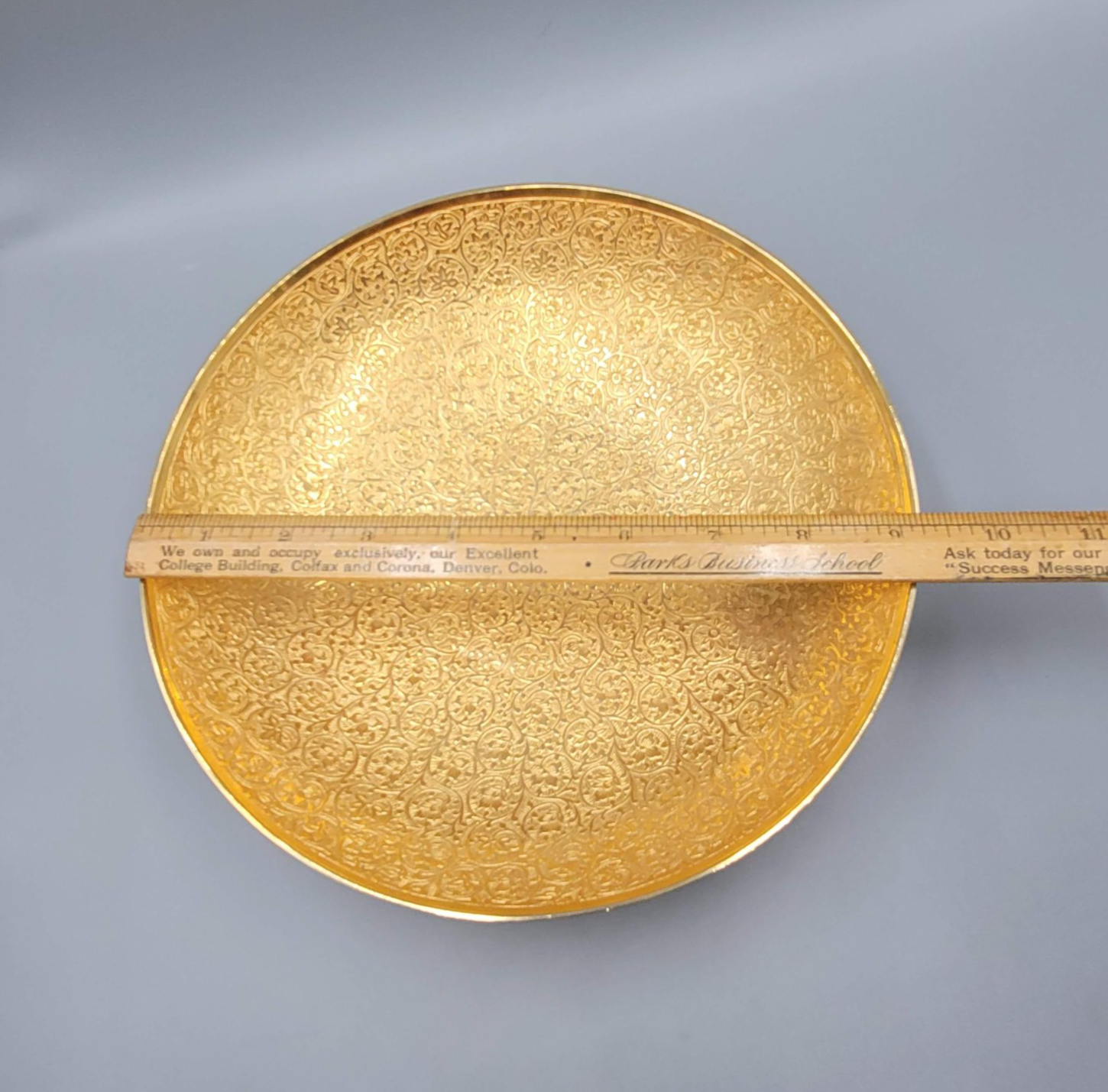Etched Brass Bowl Gold Tone Floral Arabesque Footed Decorative Dish 9.25"