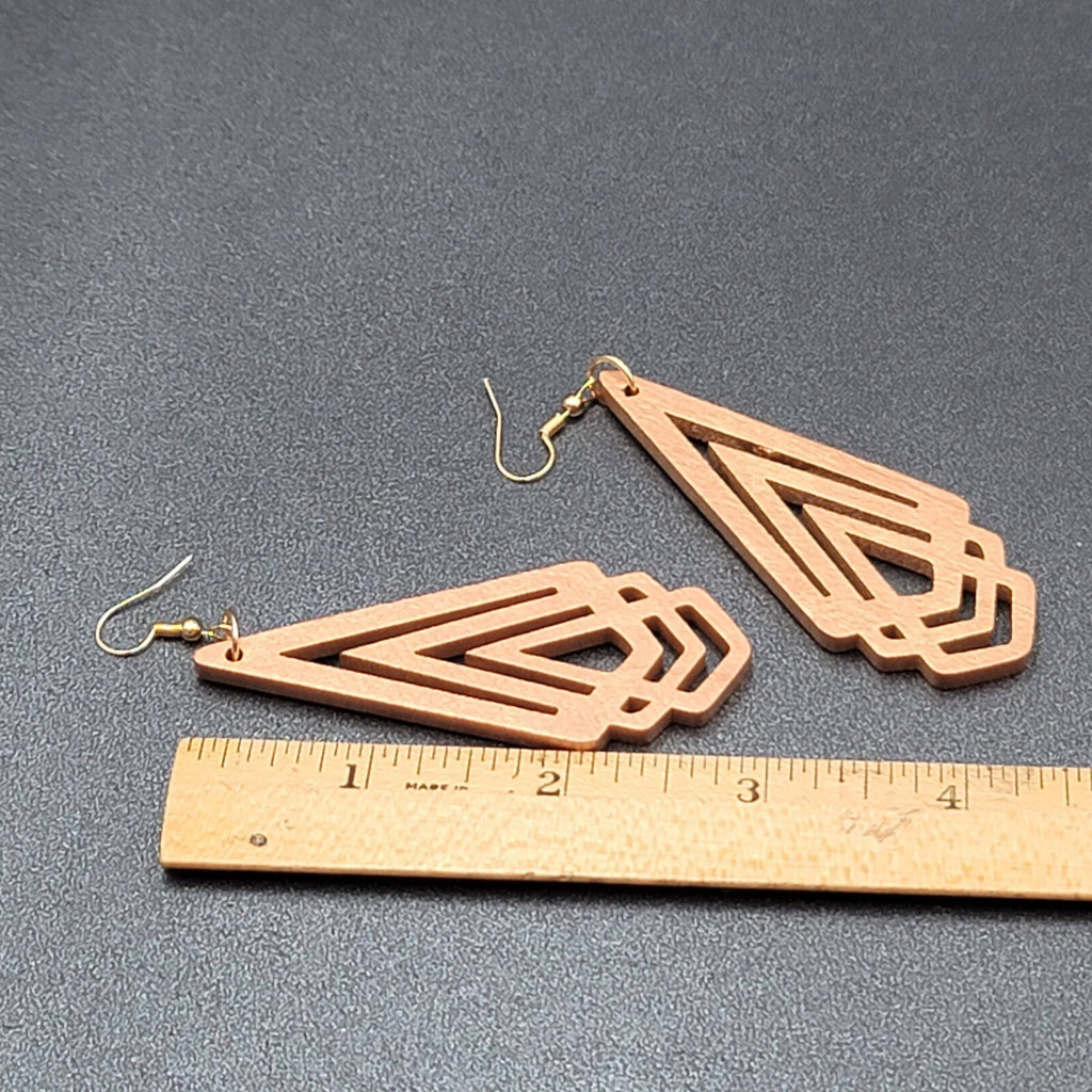 New Boho Pierced Earrings Metallic Gold Wood Cut Geometric Dangle 3"